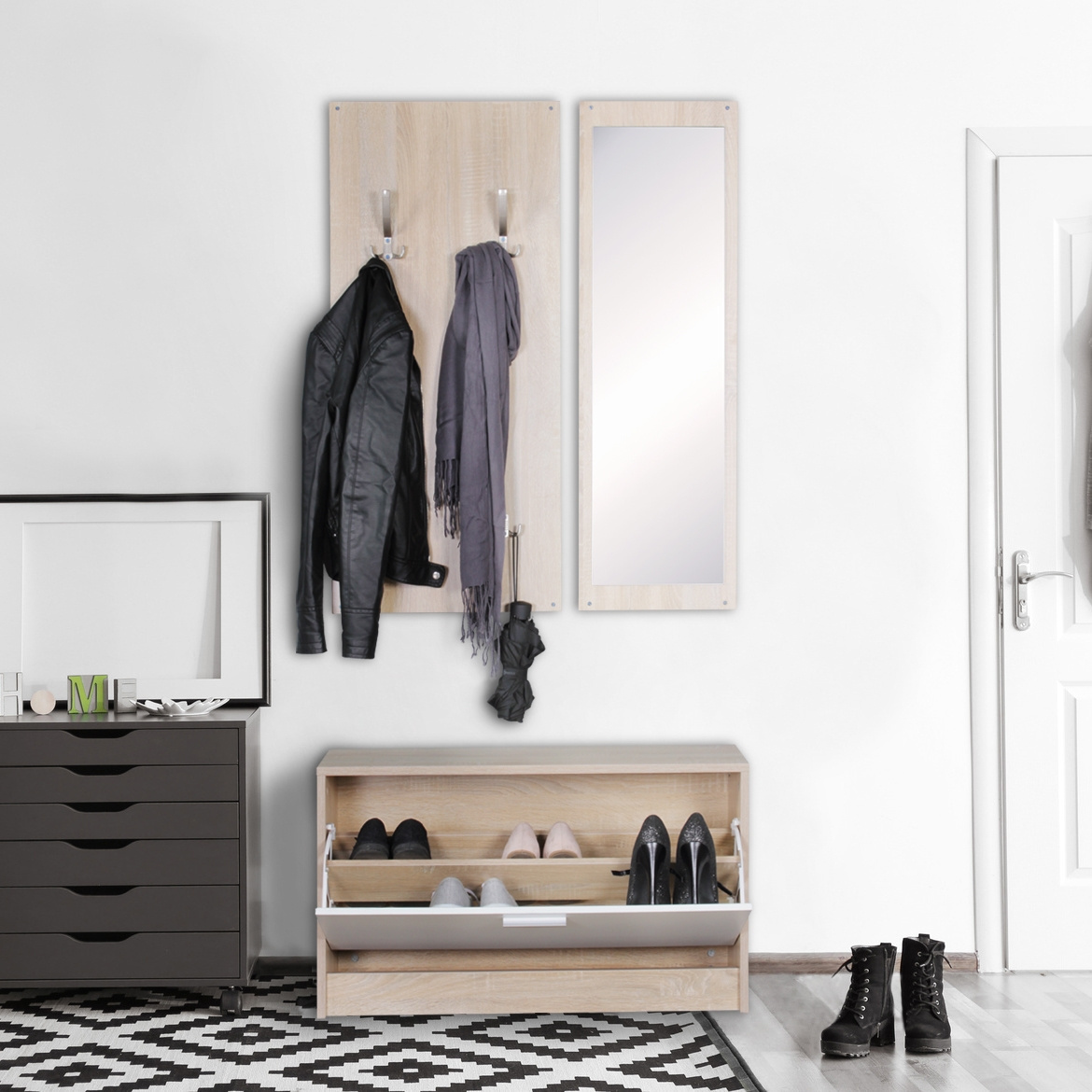 Image of Wall Wardrobe Salerno With Wardrobe Panel Mirror & Shoe Rack 80 Cm Wide 27 Cm Narrow, Small Hallway Wardrobe Modern Shoe Cabinet Hallway Wood, Space- Wardrobe.