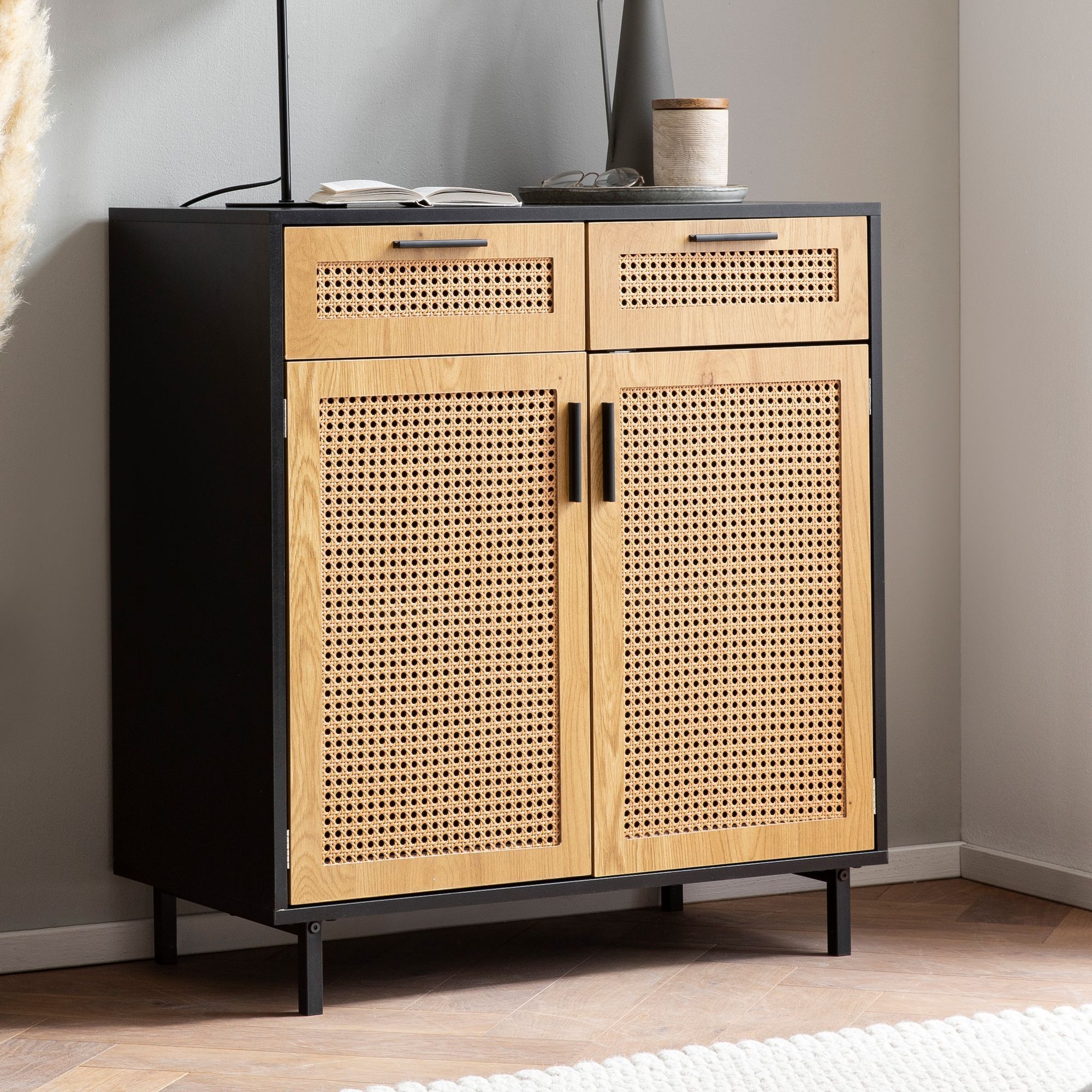 Image of Sideboard 80x86.5x40 Cm, Black Dresser With Vienna Wicker, Tall Dresser Cabinet, Living Room Sideboard With 2 Doors And Drawers, Rattan Sideboard