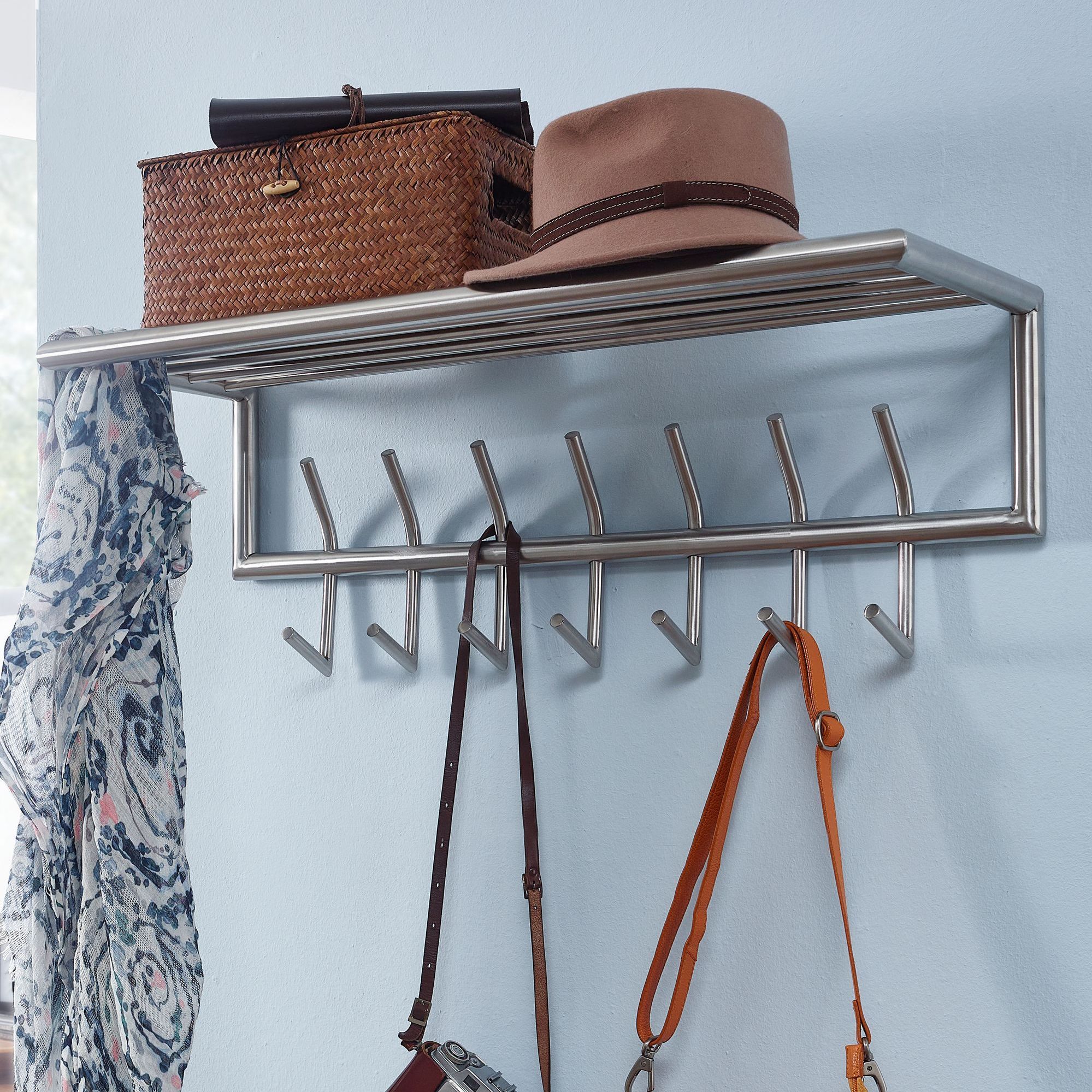Wall Coat Rack Metal Silver 74.5x29x30 Cm Hallway Coat Rack With Shelf, Design Hook Panel Steel, Coat Rack Wall With Hat Shelf, Coat Rack Rail Hallway
