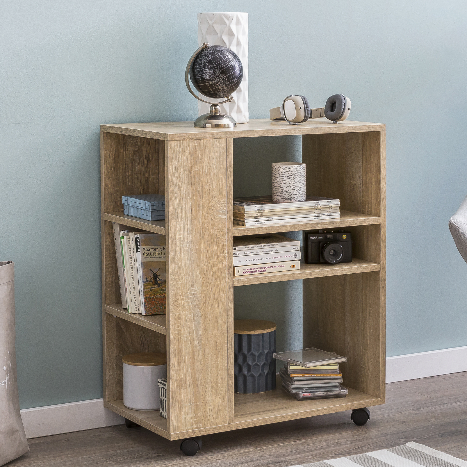 Image of 60x35x75 Cm Wooden Trolley With Wheels, Narrow Kitchen Shelf, Modern Telephone Table Trolley, Narrow Bookshelf Stand Container High