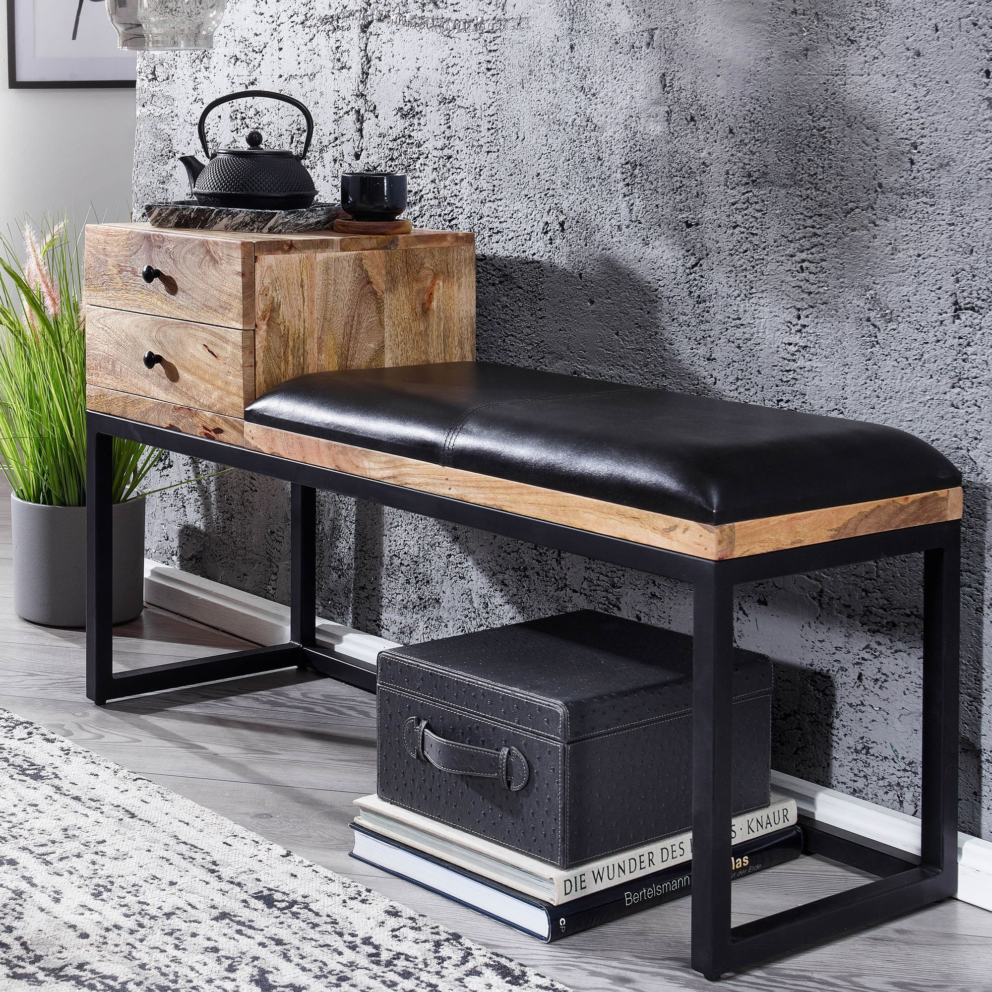 Image of Benches Goat Leather / Solid Wood Bench 100x60x35 Cm Style, Hall Upholstered Bank With Metal Storage, Padded Leather Bench Storage, Small Bed Bench Hallway Bench