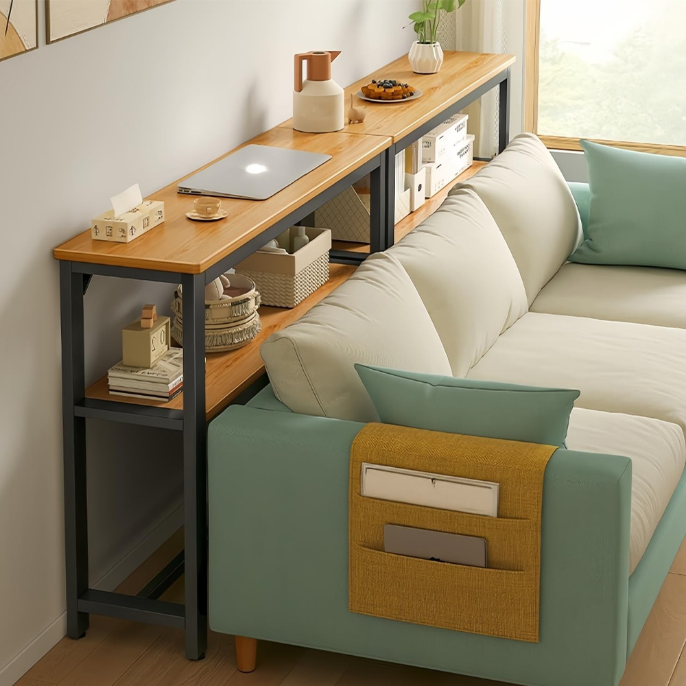 Space Efficient Side Table Single Double Tier Wall Mounted MDF Shelf with Metal Frame Multi Functional Narrow Table with Storage Hallway Bedroom Table 80x20cm Wood Black White Frame