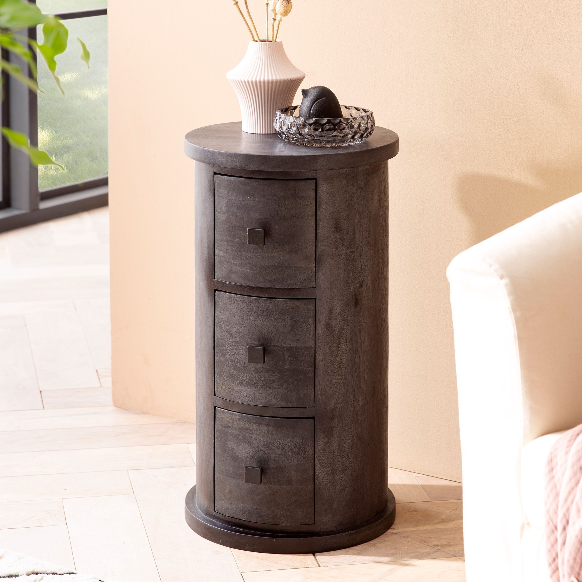 Design Sideboard Mango Solid , Cabinet With Drawers, Narrow Sideboard Solid, Mini Round Commode