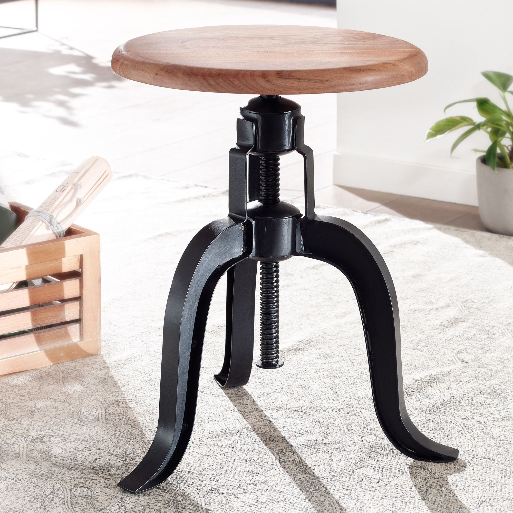 Image of Swivel Stool 39x62.5x39 Cm Solid Acacia Wood / Metal Black Swivel, Stool Height Adjustable, Industrial Round Stool, Small Bar Stool, Metal Stool With Wooden Plate Modern