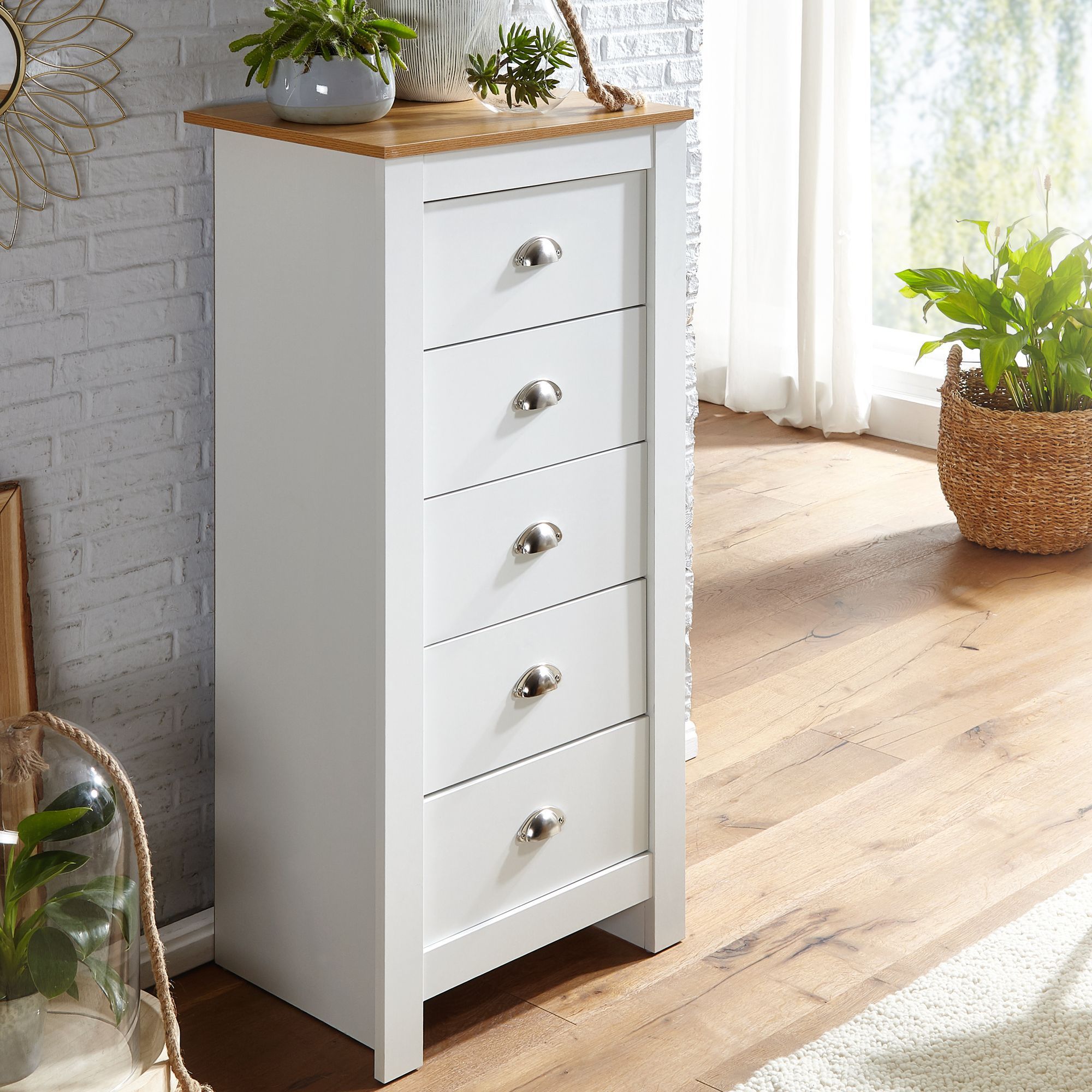 Image of Sideboard With 5 Drawers 53x114x39 Cm Dresser White / Oak Modern, Design High Narrow Cabinet, Drawer Cabinet Living Room