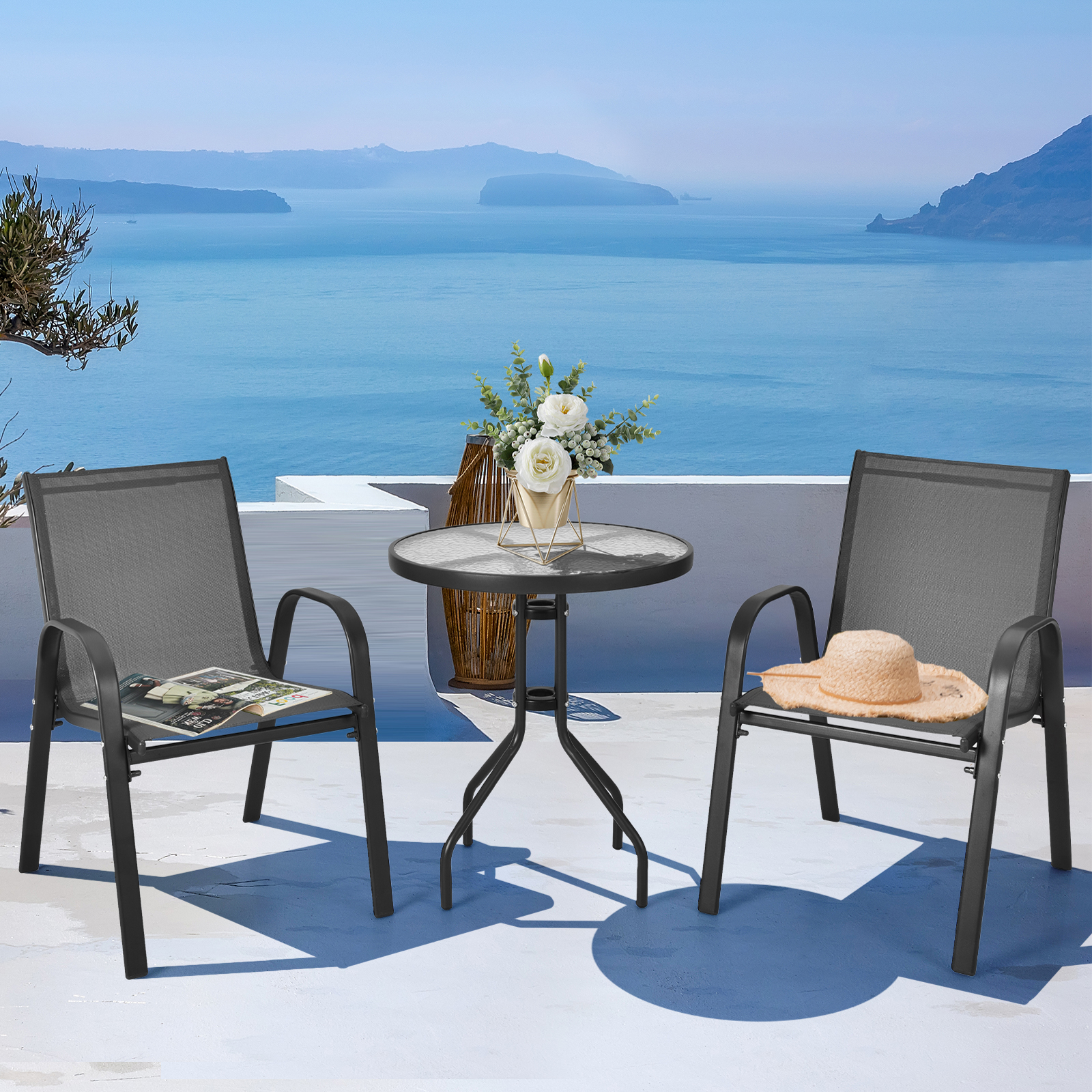 3-piece Bistro Set, Round Patio Table And Chairs Set With Tempered Glass Tabletop, Sturdy Metal Frame, Ergonomic Backrests And Armrests