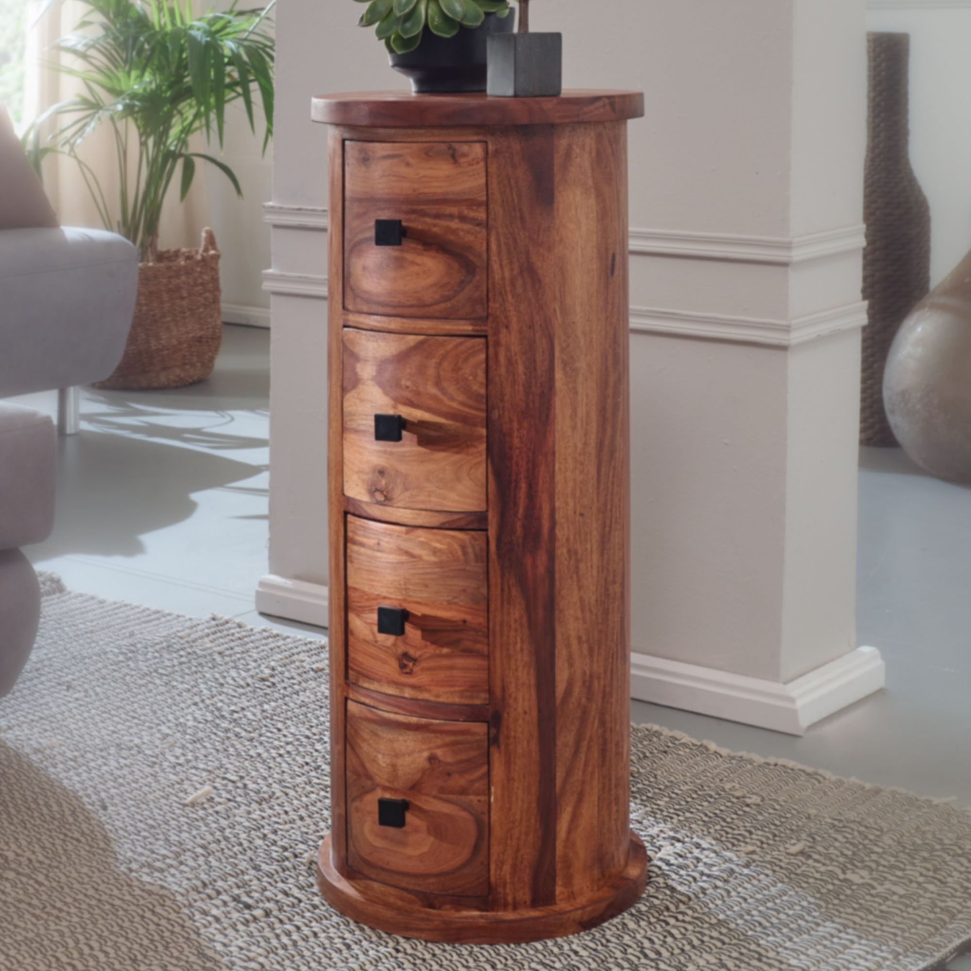 E-shop Design Sideboard Massivholz Ø 35 cm, Schränkchen mit Schubladen, Schmaler Beistellschrank Massiv, Mini Kommode Rund