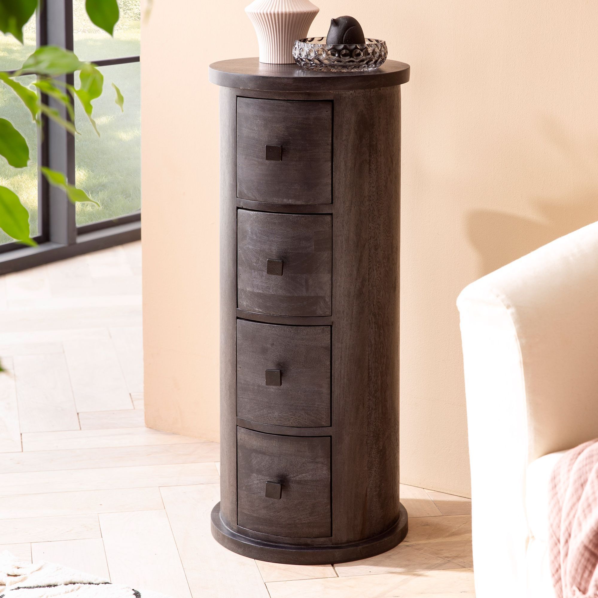 Design Sideboard Mango Solid , Cabinet With Drawers, Narrow Sideboard Solid, Mini Round Commode