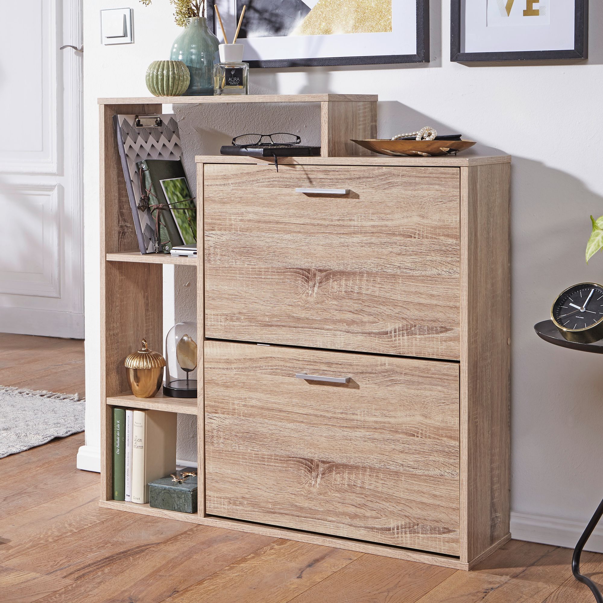 E-shop Moderner Schuhkipper Holz 2 Fächer Eiche 12 Paar Schuhe, Schuhschrank 85 x 24 x 93 cm, Schuhkommode Flur mit Ablage Regal
