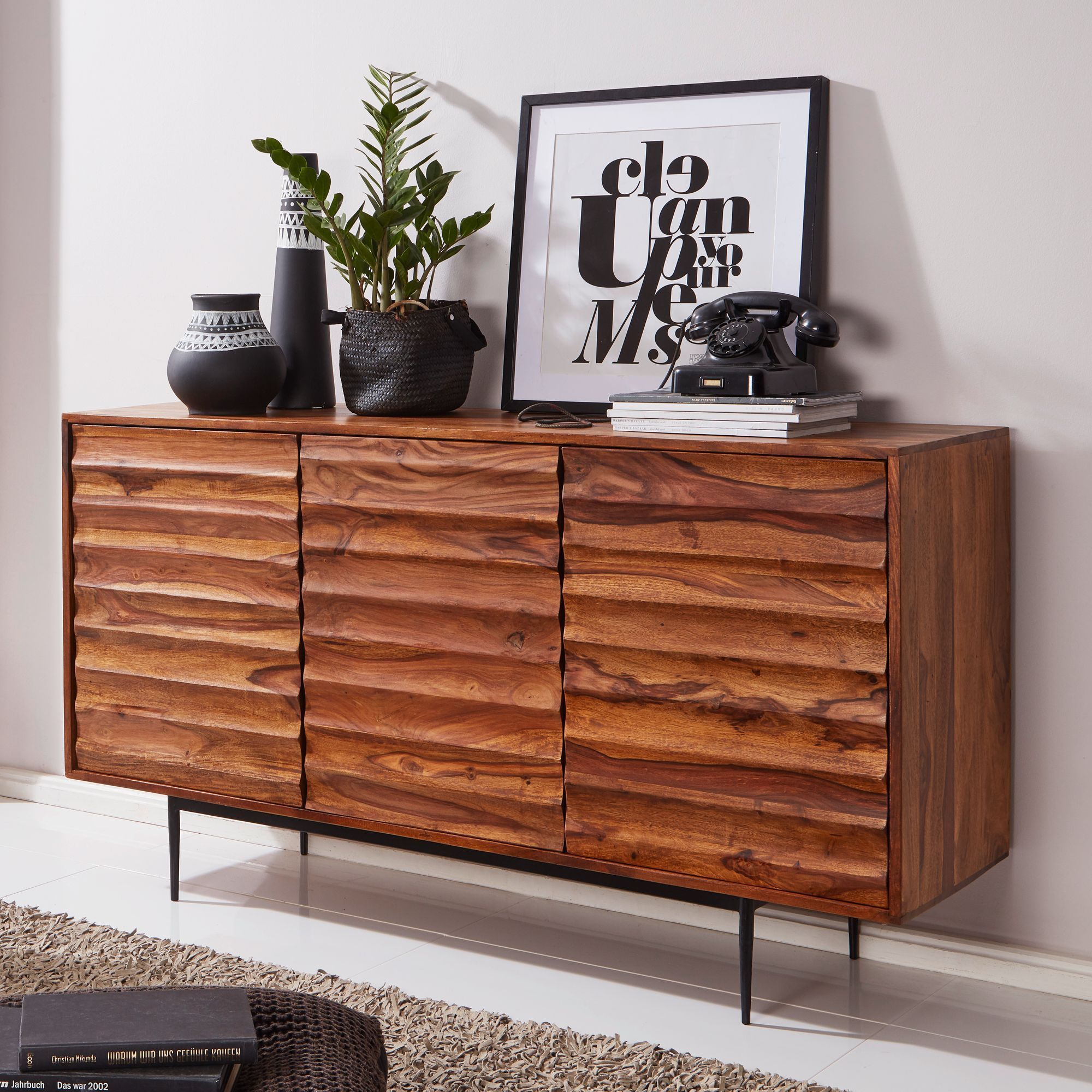 Solid Wood Sideboard 150cm Cabinet With 3 Doors 3d Design Metal Black