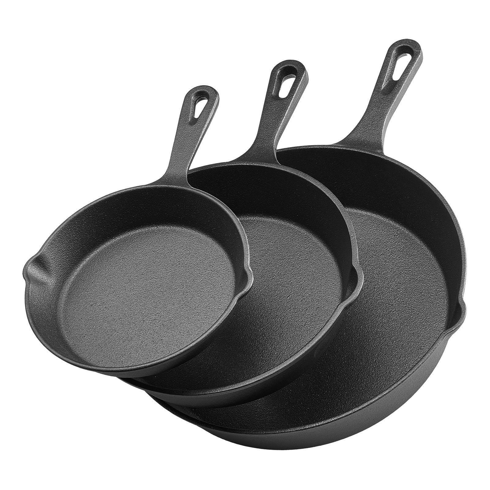 3pcs Cast Frying Pan Set 6 8 10 In Handle Pre- Black