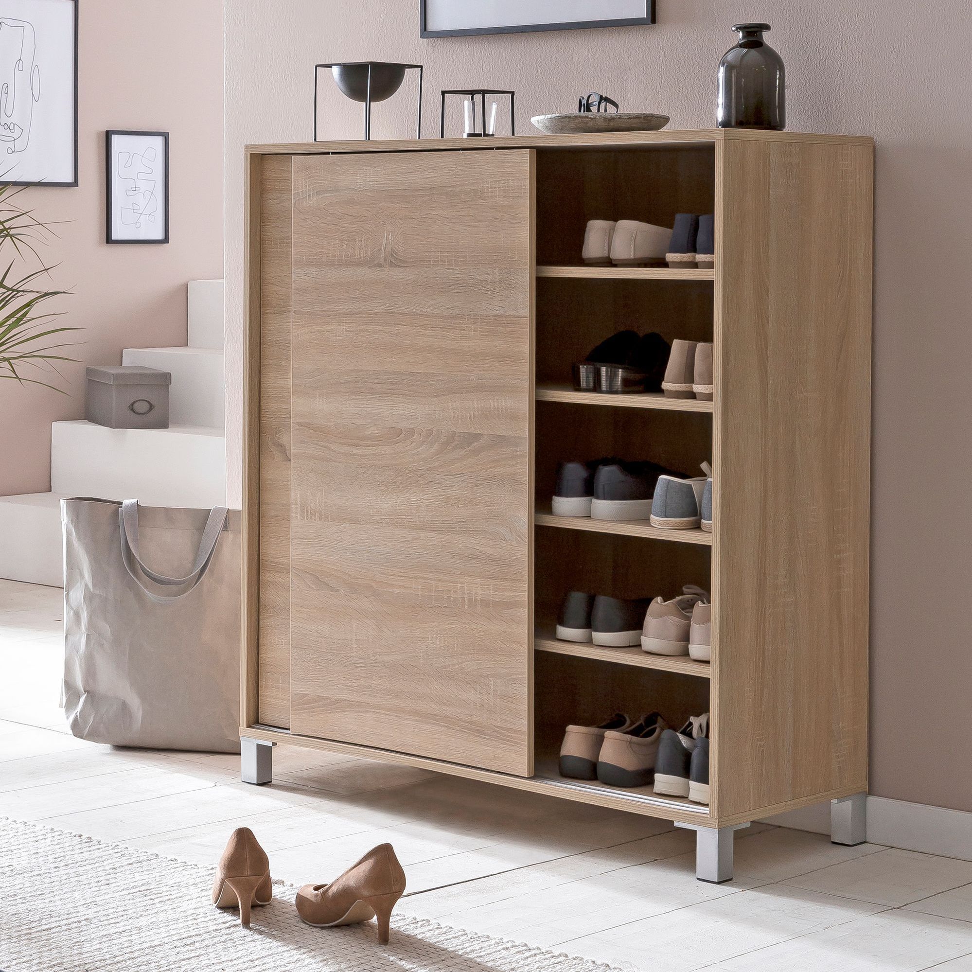 Image of Sv51780 Wooden Shoe Cabinet 100x108x37.5 Cm, Tall Storage, Large Design Shoe Rack For 20 Pairs Of Shoes, Hallway Shoe Shelf, Space- Shoe Storage, Modern Xxl Slatted Shoe Rack Furniture
