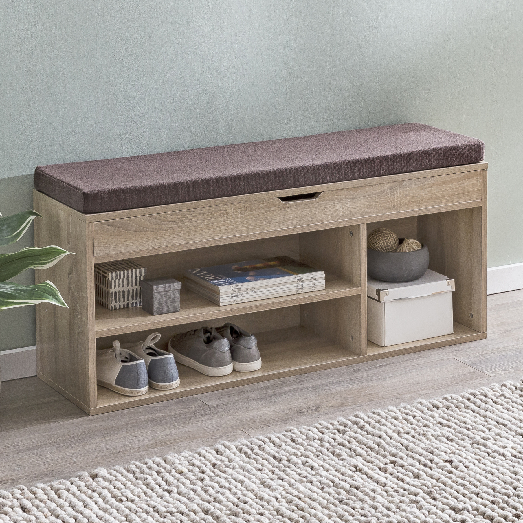 Image of Shoe Bench With Seating, Wooden Coat Bench 104x51x32 Cm, Small Padded Wooden Bench, Narrow Hallway Bench With Storage, Shoe Rack Bench, Entryway Furniture