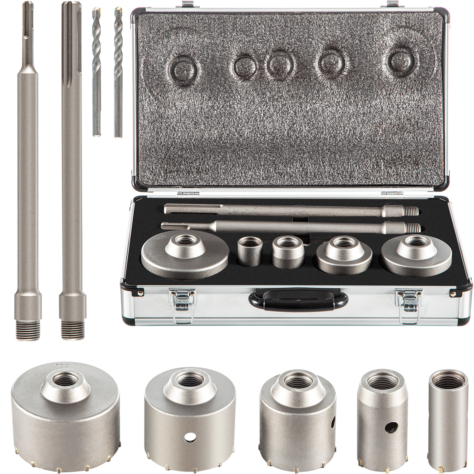 TEMU Kit de Sierra de Agujero para Hormigón VEVOR, Juego de Brocas SDS de 30/40/65/80/100 mm con Varilla de Conexión de 11.8"/300 mm para Ladrillo,
