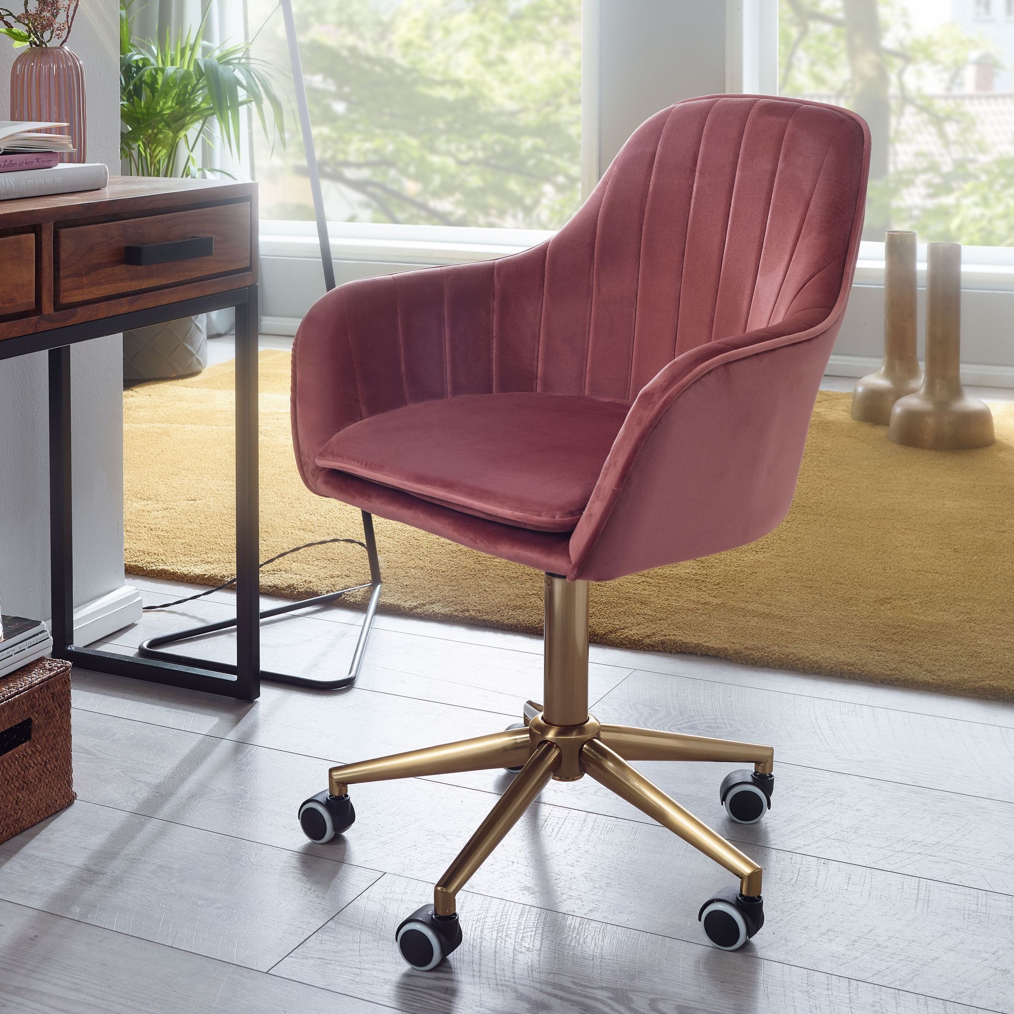 Image of Design Desk Chair With Wheels - Velvet Upholstered | Height Adjustable & Swivel Office Chair | Swivel Armchair