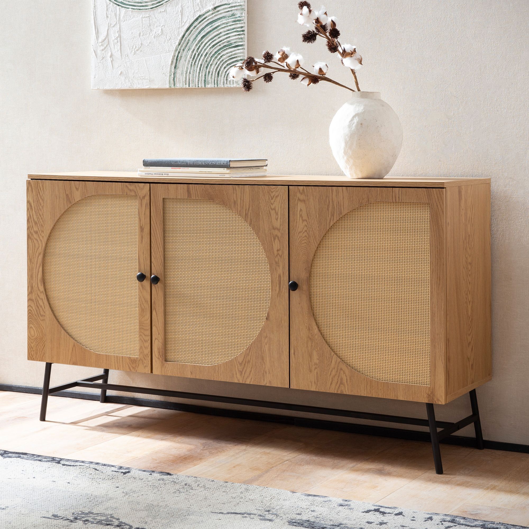 Image of Sideboard 140x80x39 Cm Oak-decor Dresser With Rattan Weave, Modern Tall Cabinet, Standing Cabinet With 3 Doors, Sideboard For Living Room