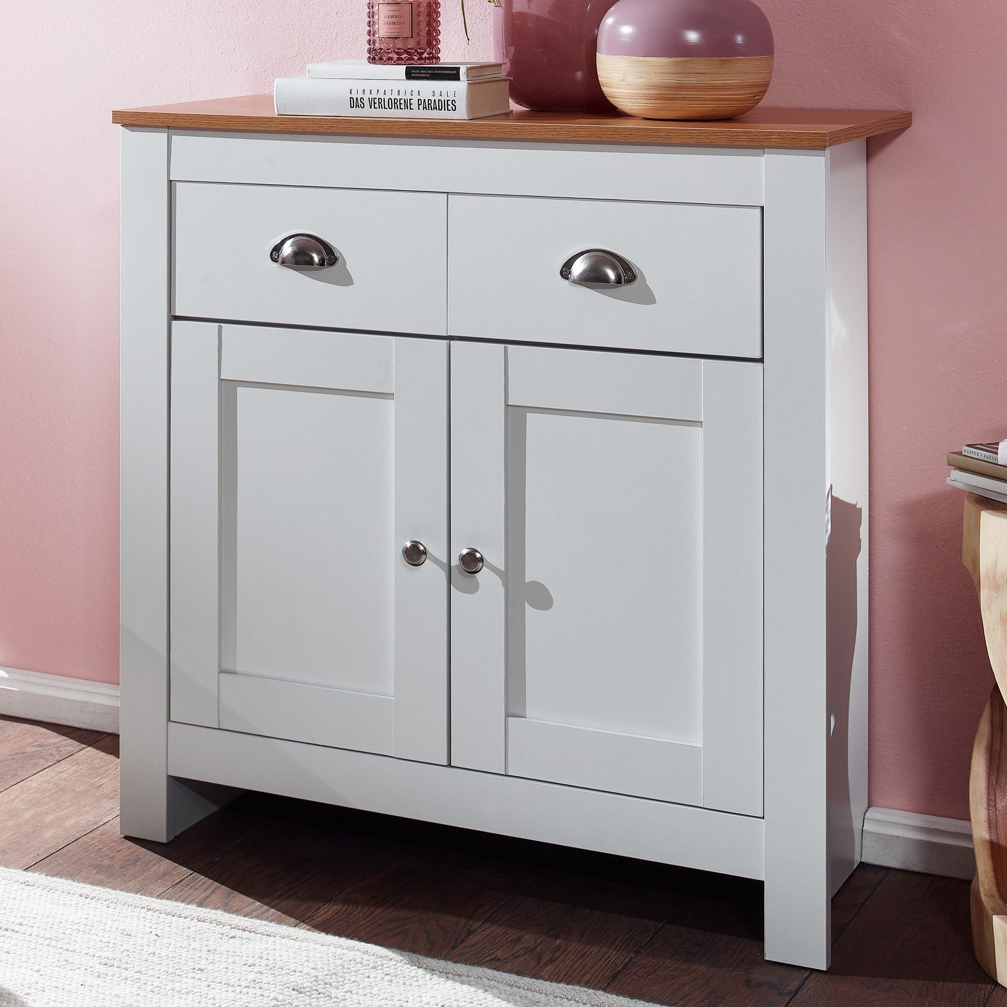 Sideboard With 2 Drawers 79x81x34.5 Cm, White/oak , Tall Buffet With Doors, Living Room Dresser