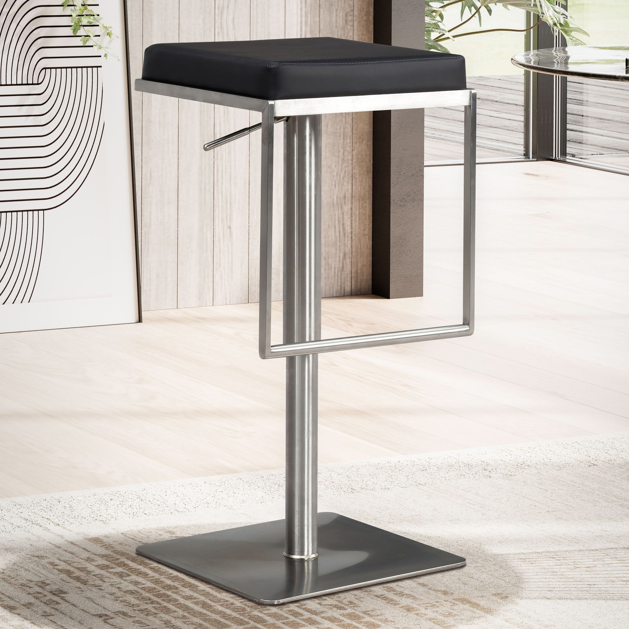 Image of Black Faux Leather Bar Stool With Stainless , Modern Swivel Padded Counter Stool, High Metal Bistro Stool, Height-adjustable Bar Stool, Tall Stool For Bar