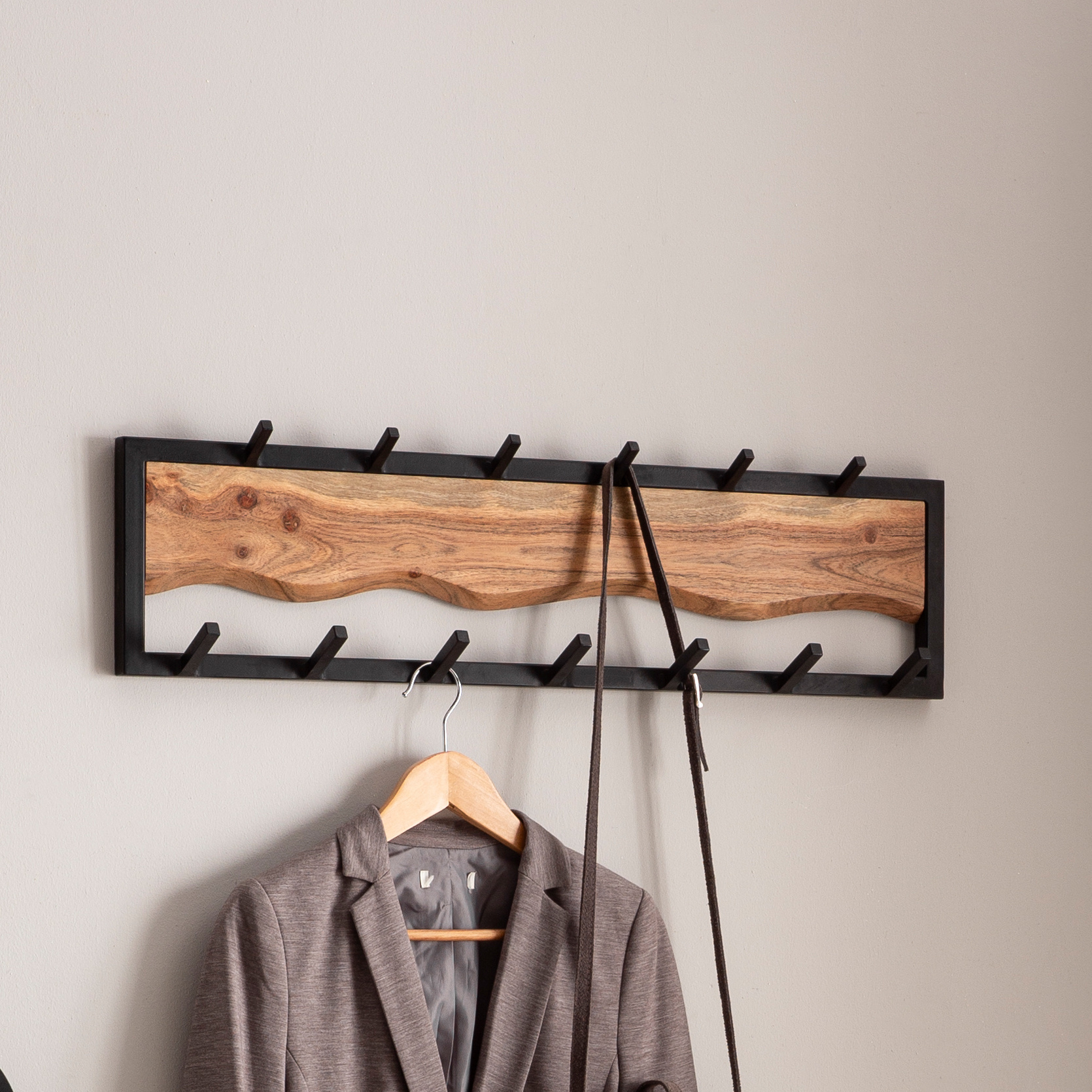 Image of Acacia Solid Wood / Metal Wardrobe 80x20x8 Cm, Hook Rail For Jackets, Scarves And Hats, Hallway Wardrobe With Wave Pattern, Wooden Wall Wardrobe