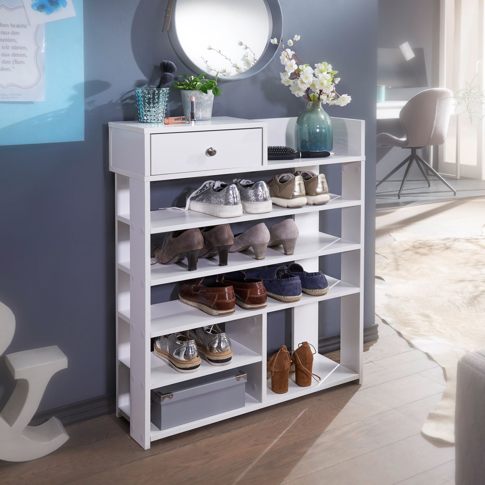 Design Shoe Rack 75 X 92.5 X 24 Cm Floor Rack White, High Standing Rack With 7 Compartments, Rack With Drawer
