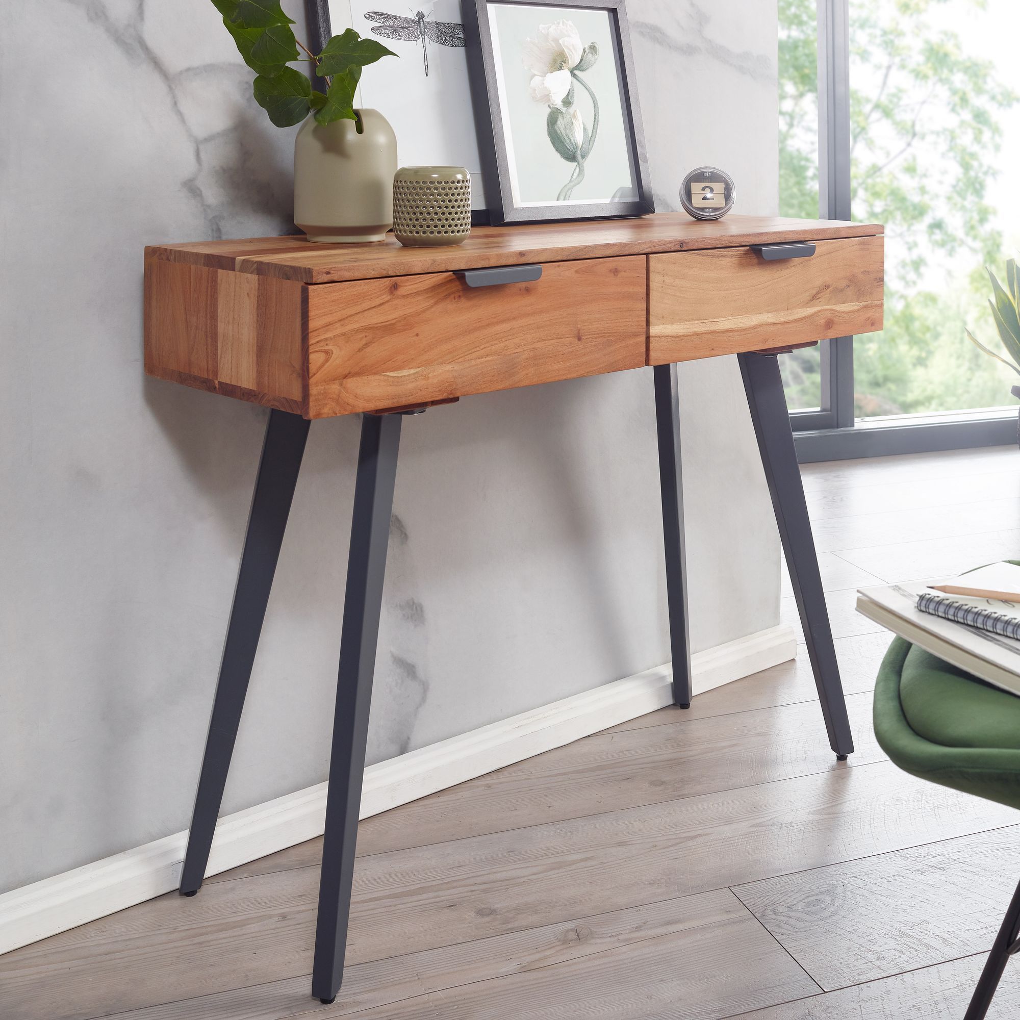 Console Table 90 X 78 X 36 Cm Solid Acacia Wood / Metal Console With Drawers, Small Desk With Metal Legs, Modern Vanity Table Sideboard, Solid Hall Table