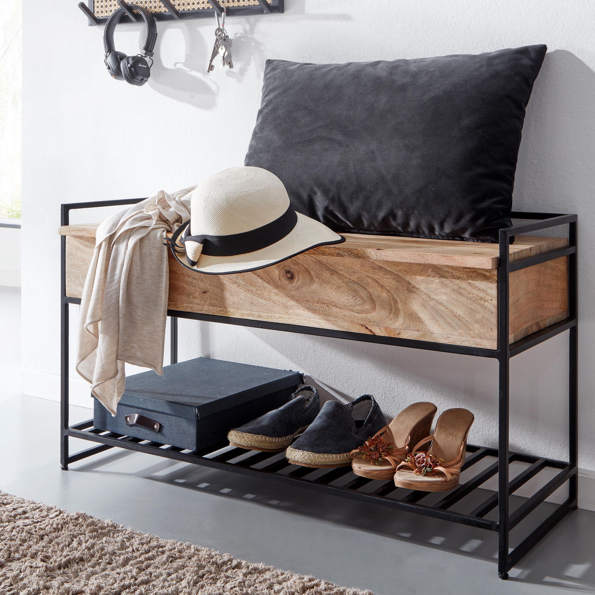 Image of Storage Bench With Seat 90x52x38 Cm Mango Solid Wood / Metal Floor Bench, Small Shoe Bench With Seating Area, Narrow Hallway Bench With Shoe Rack