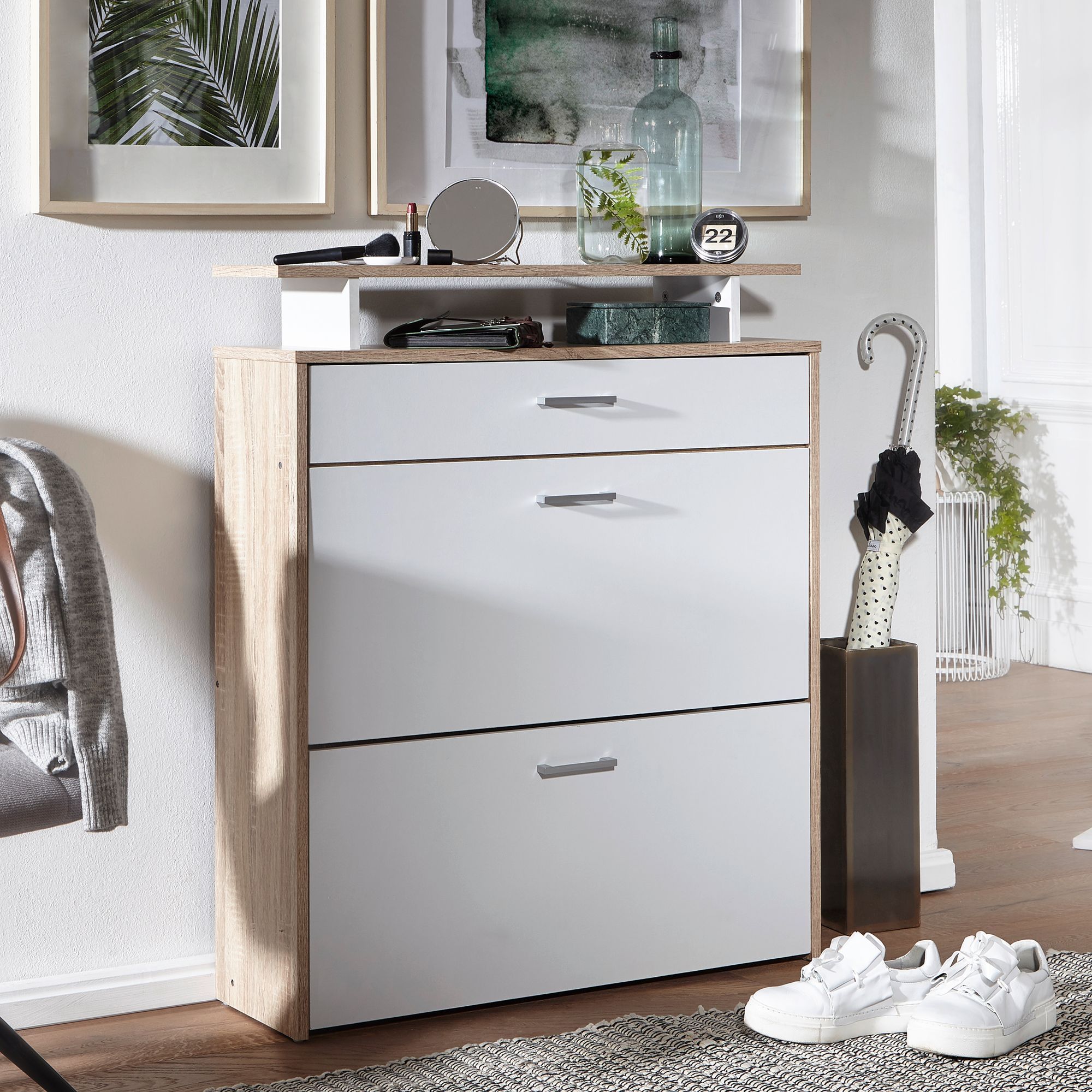 Image of Wooden Shoe Rack 80x95x24 Cm, Modern Oak, Shoe Cabinet With Drawer, Hallway Shoe Storage Shelf