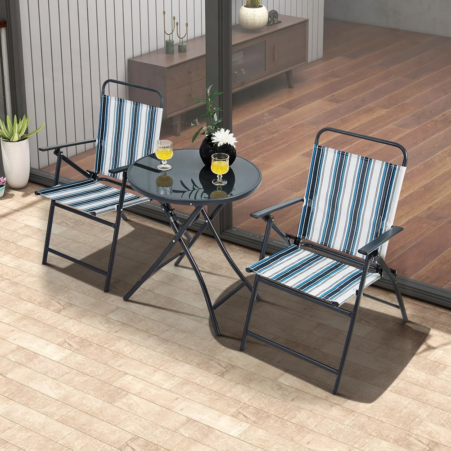 3pcs Outdoor Folding Chair Set, 2 Folding Chairs With Folding Table, Heavy-duty Metal Frame