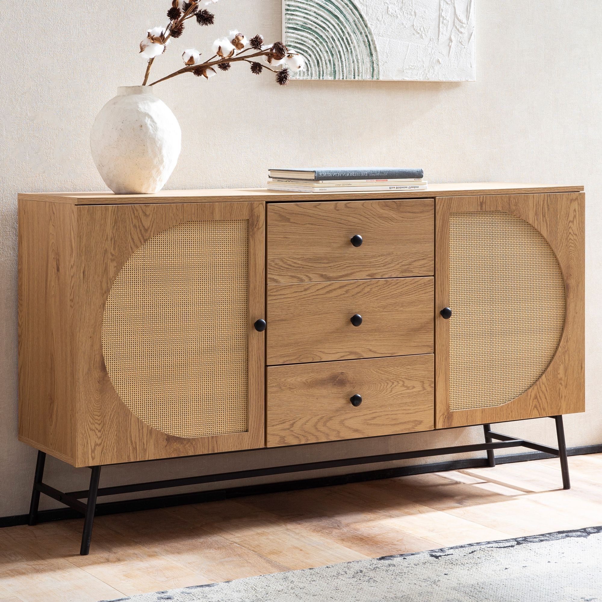 Oak Decor Sideboard 140 Cm Dresser With 2 Doors & 3 Drawers In Vienna Rattan Weave Design