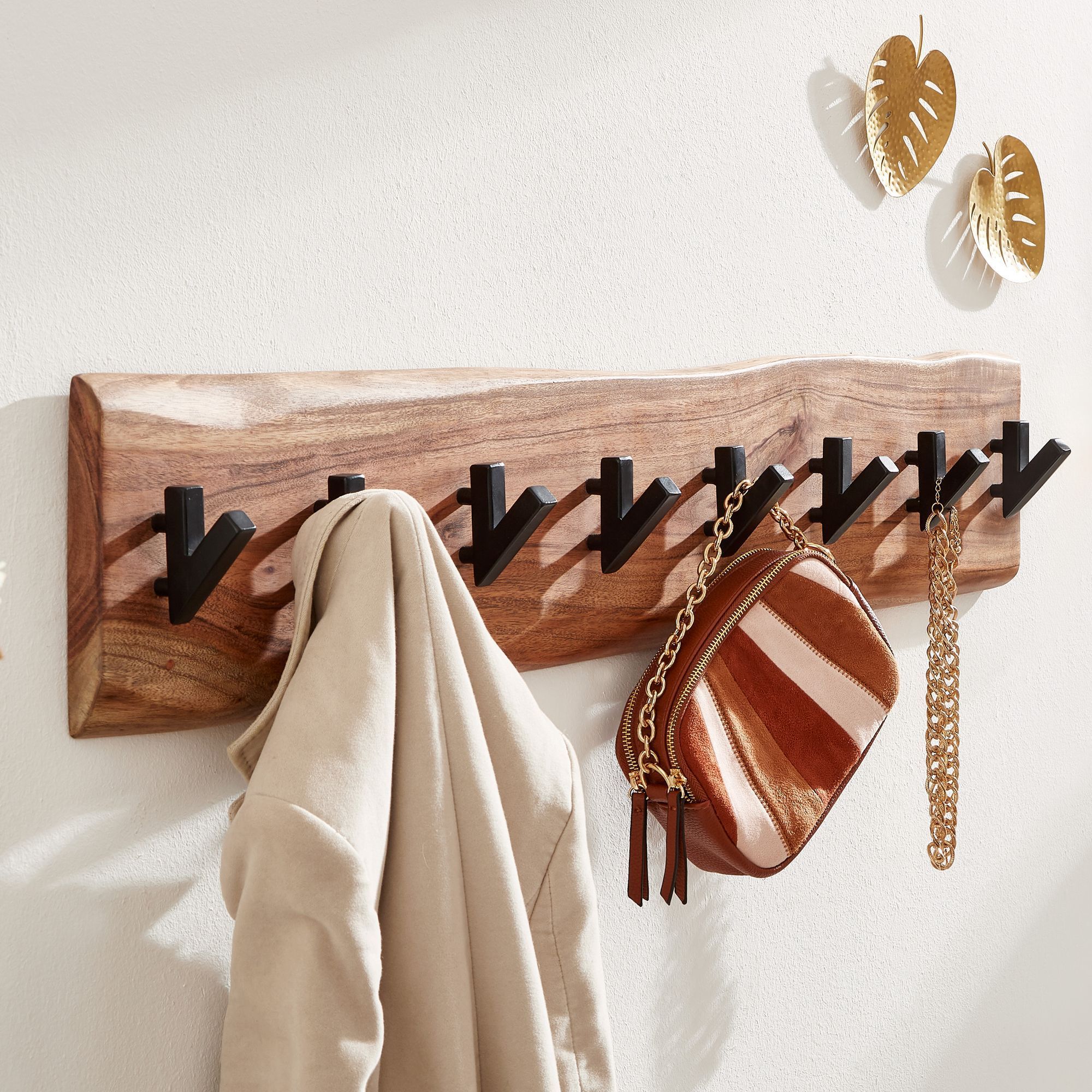 Design Wall Coat Rack Acacia Solid Wood / Metal, Hook Rail Hallway Coat Rack Wall, Wooden Coat Rack