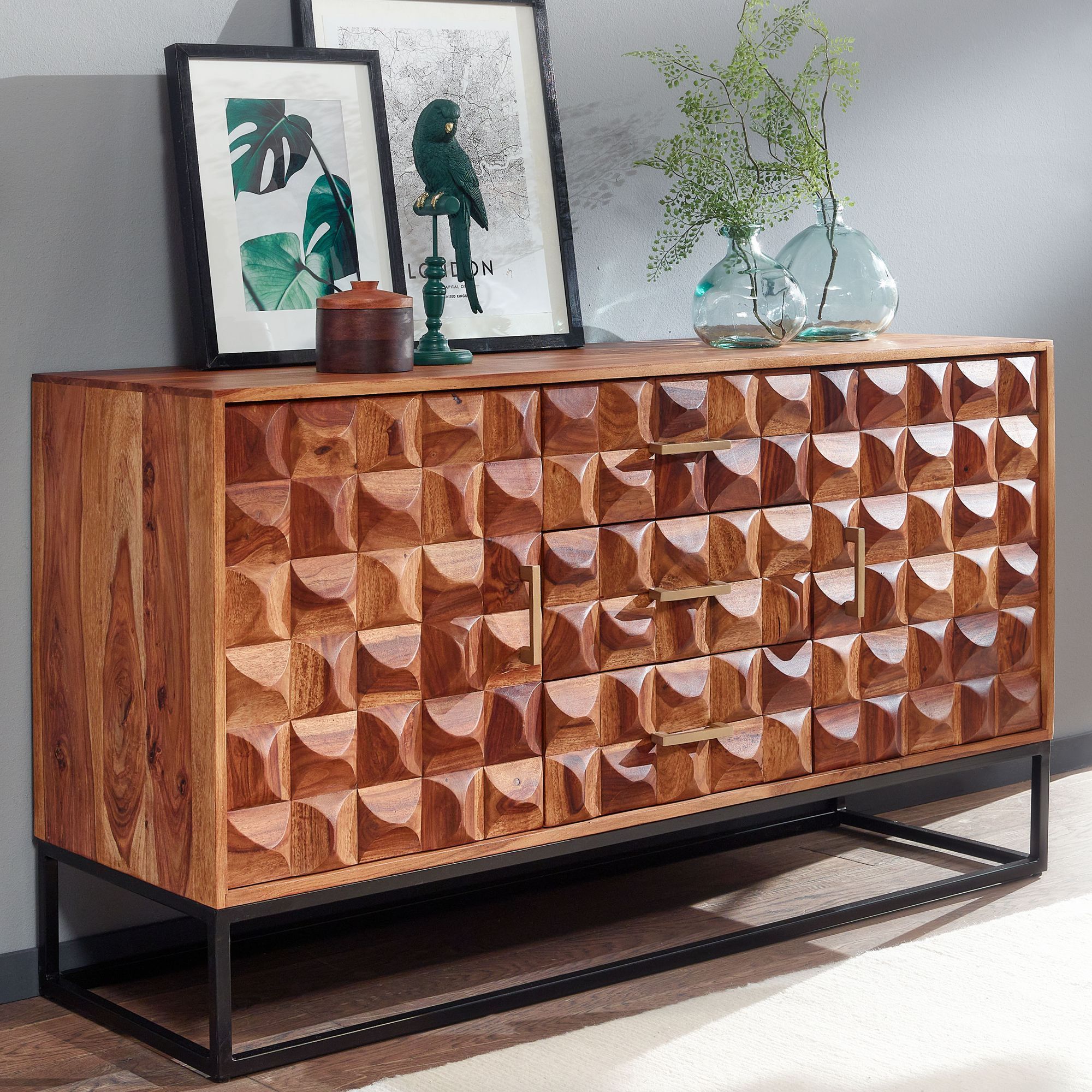 Solid Wood Sideboard 145cm Cabinet With 2 Doors & 3 Drawers Retro 3d Design Black Metal