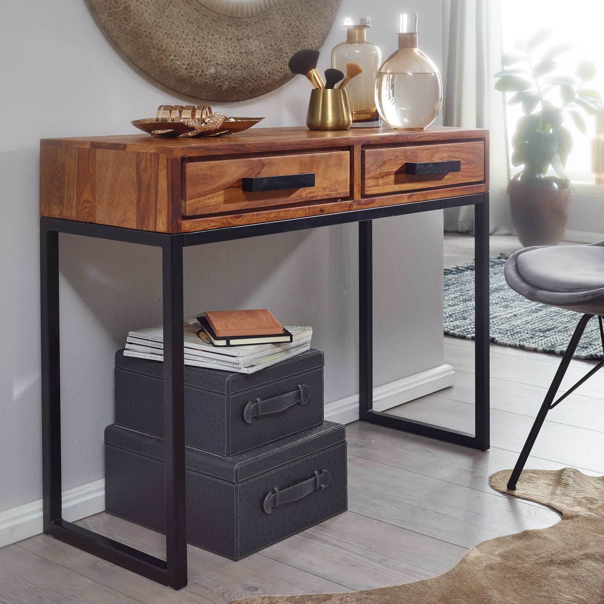 Image of Console Table Solid Wood / Metal 90x76x36 Cm Floor Table, Narrow Living Room Table, Desk
