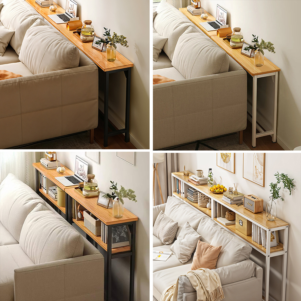 Space Efficient Side Table Single Double Tier Wall Mounted MDF Shelf with Metal Frame Multi Functional Narrow Table with Storage Hallway Bedroom Table 80x20cm Wood Black White Frame