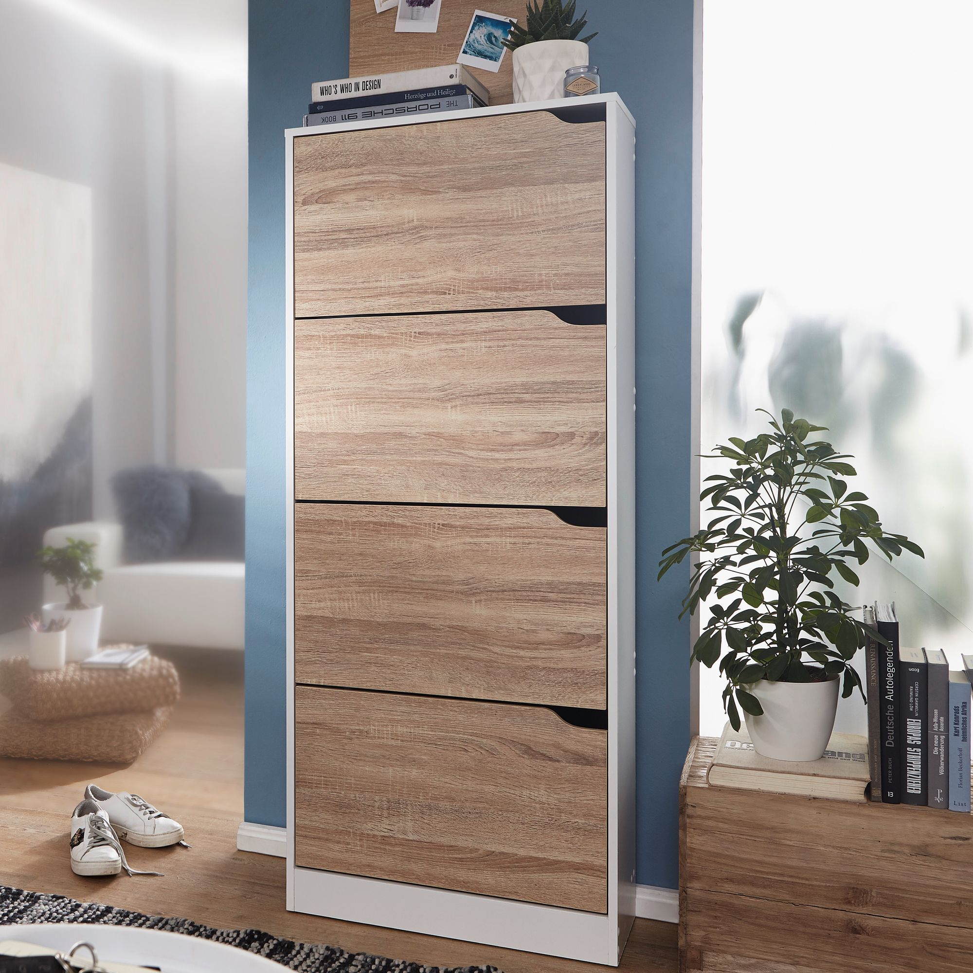 E-shop Schuhkipper mit 4 Fächern für 24 Paar Schuhe, Moderner Schuhschrank in Weiß, Schuhkommode 60 x 24 x 150 cm