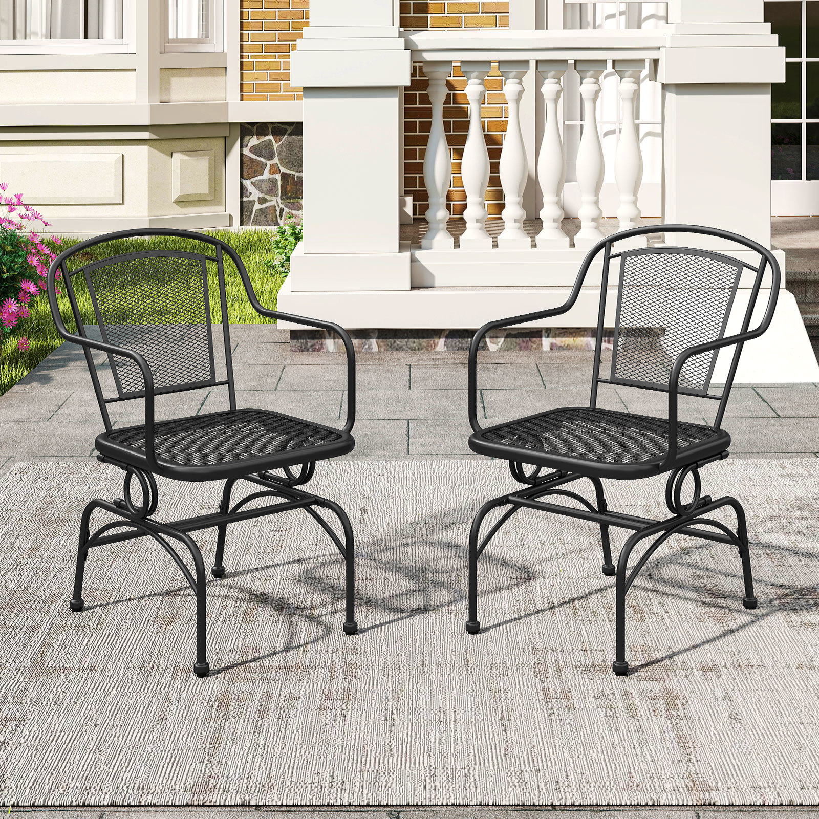 Patio Rocking Chairs Set Of 2, Glider Rockers With Metal Mesh Backrest And Seat, Comfy Armrests, Spring Motion