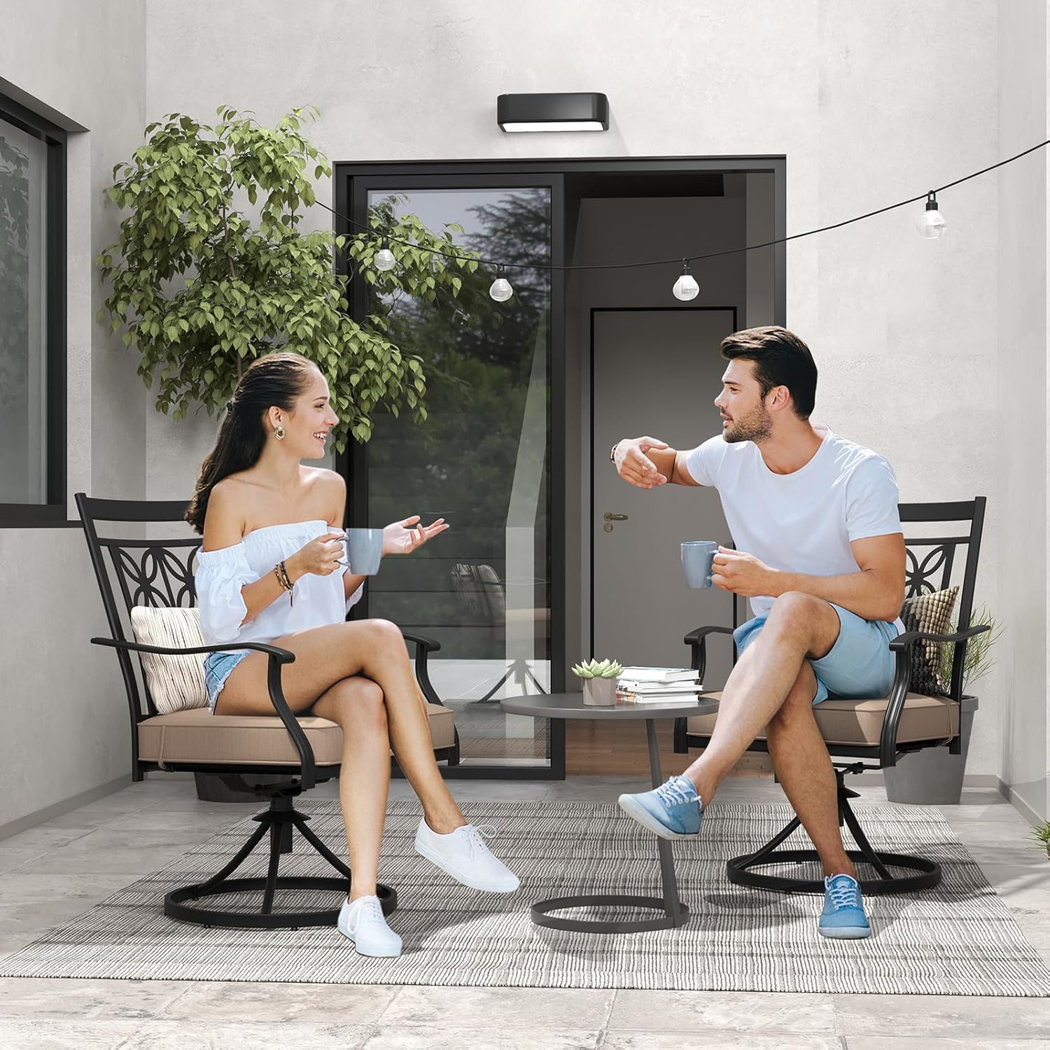 Image of Set Of 2 Swivel Chairs, Curved Armrests, Sturdy Metal Structure, Outdoor Swivel Dining Chairs