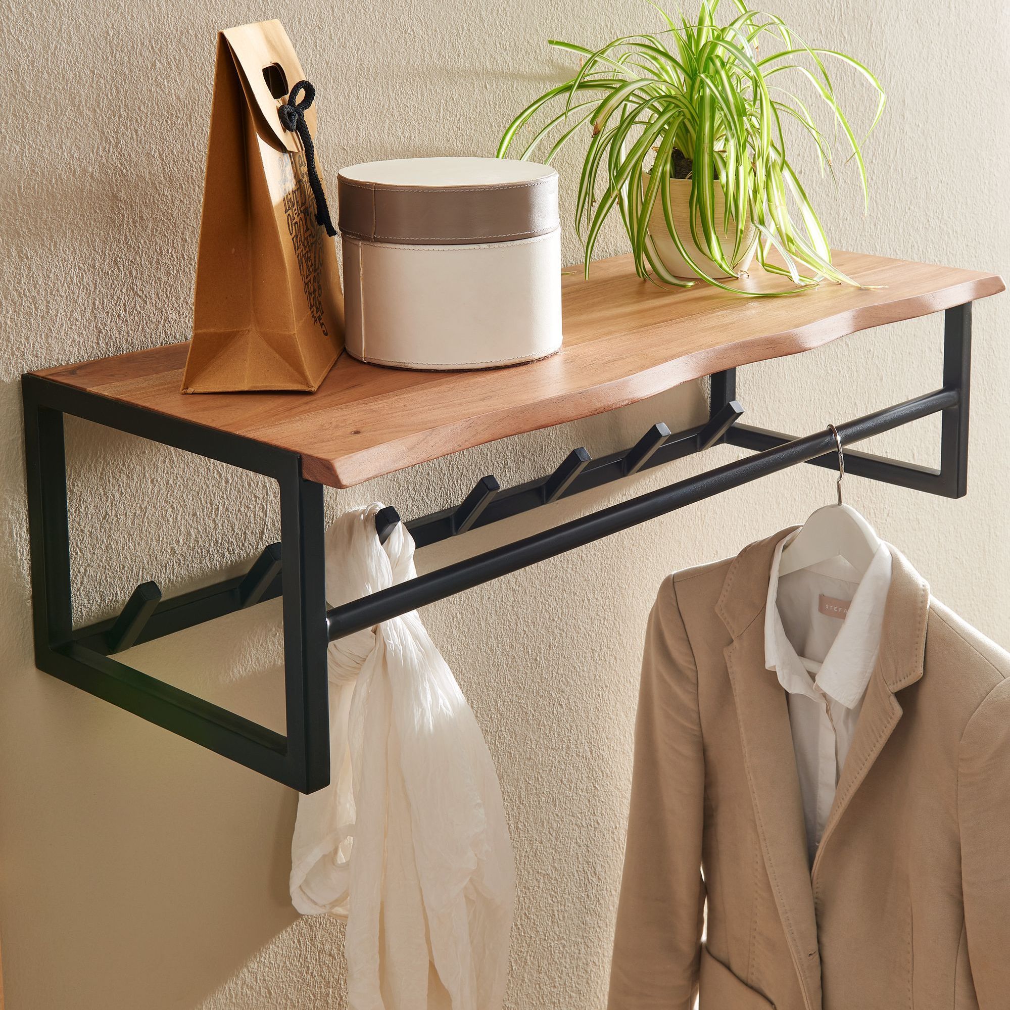 Design Wall Coat Rack Acacia Solid Wood/metal 80x22x33 Cm, Hook Rail With Shelf And Clothes Rail, Hallway Coat Rack Wall Wood