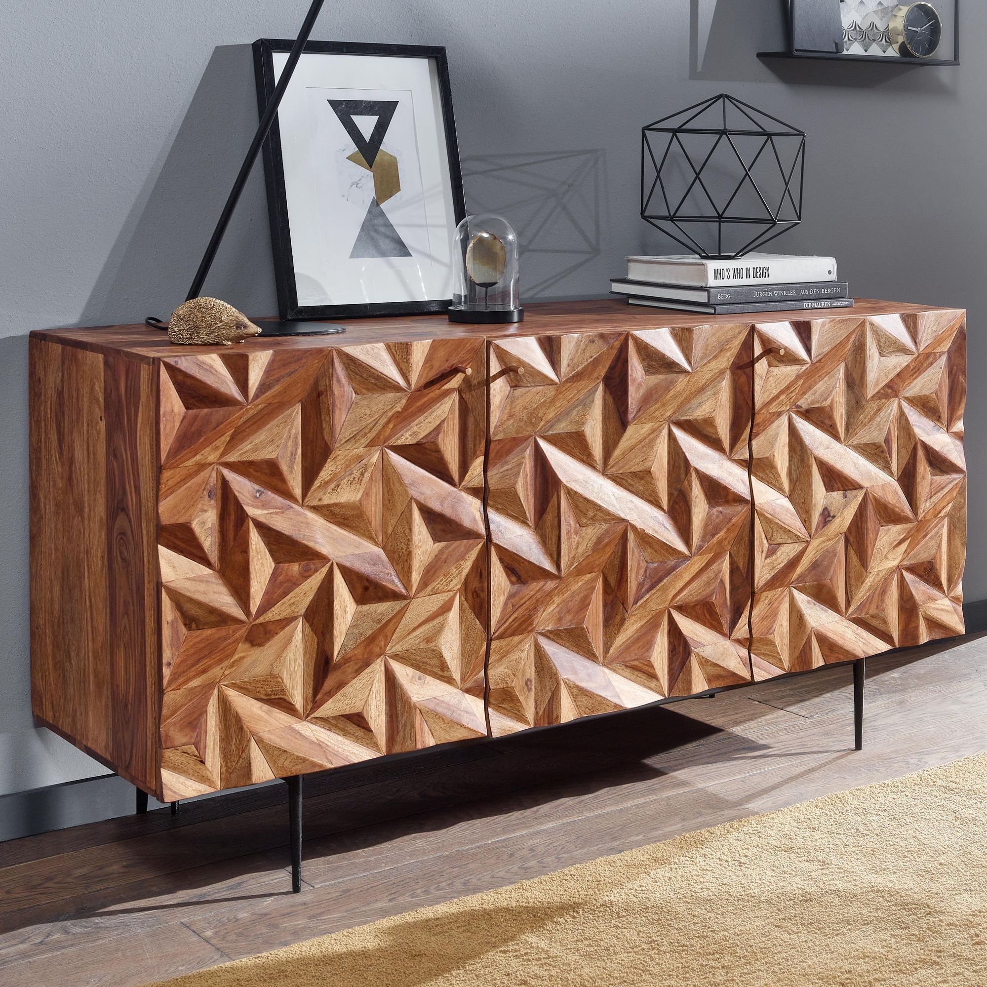 Solid Wood Sideboard 145cm Cabinet With 3 Doors Retro 3d Design Black Metal