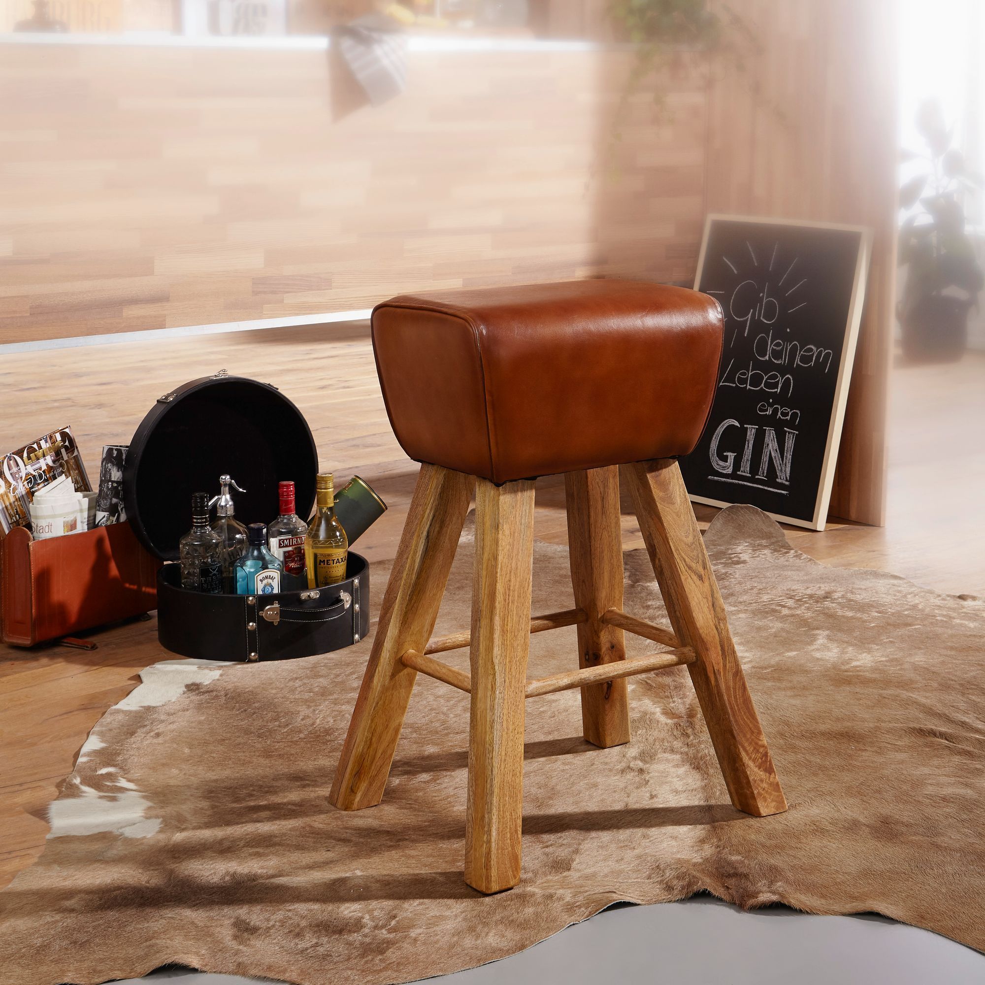 Bar Stool 43x75x43 Cm Mango Solid Wood / Real Leather, Chair Brown, Leather Stool Without Backrest, Country Stool Counter Stool