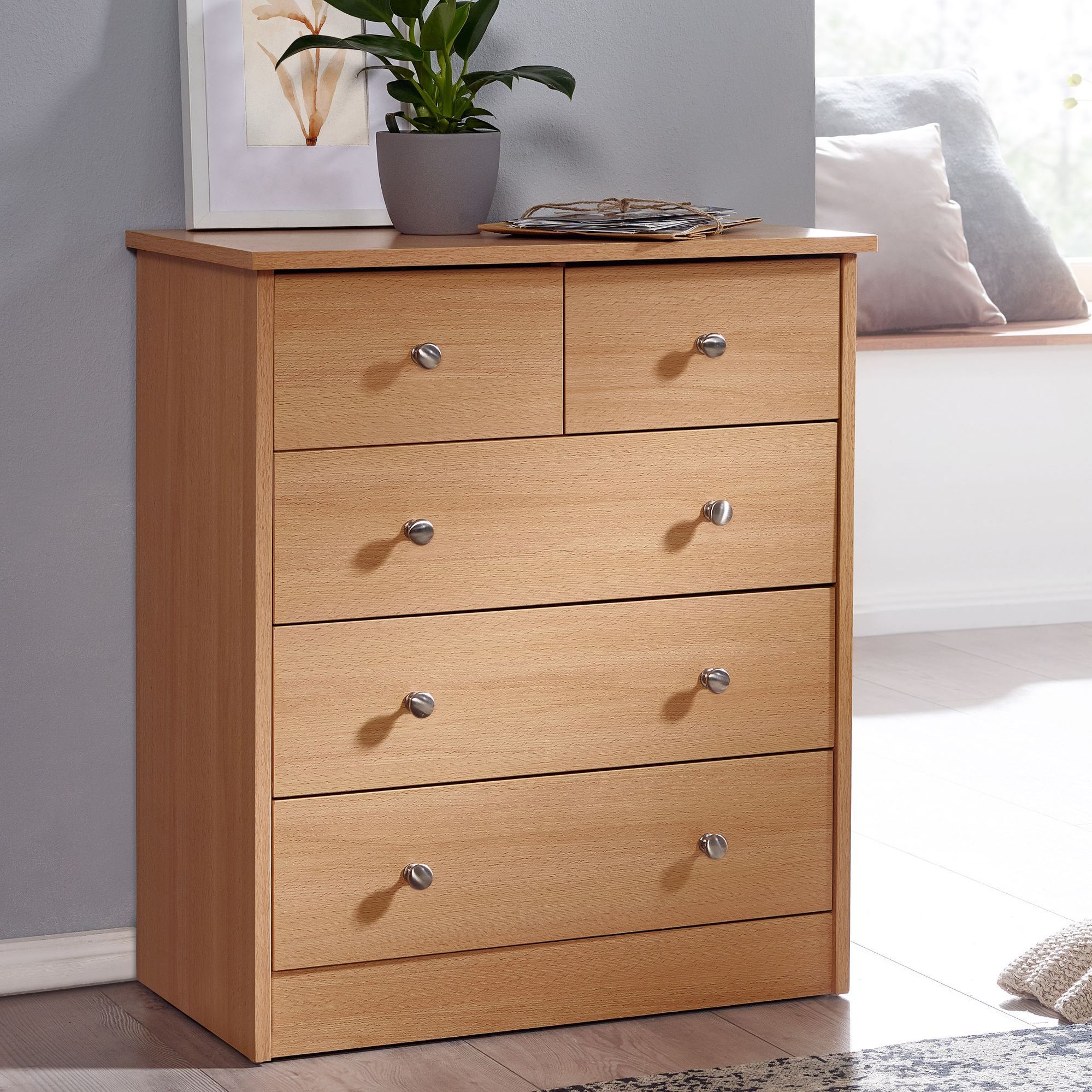 Design Wooden Commode 60 X 70 X 35 Cm With 5 Drawers, Flat Cabinet For Hallway, Modern Sideboard