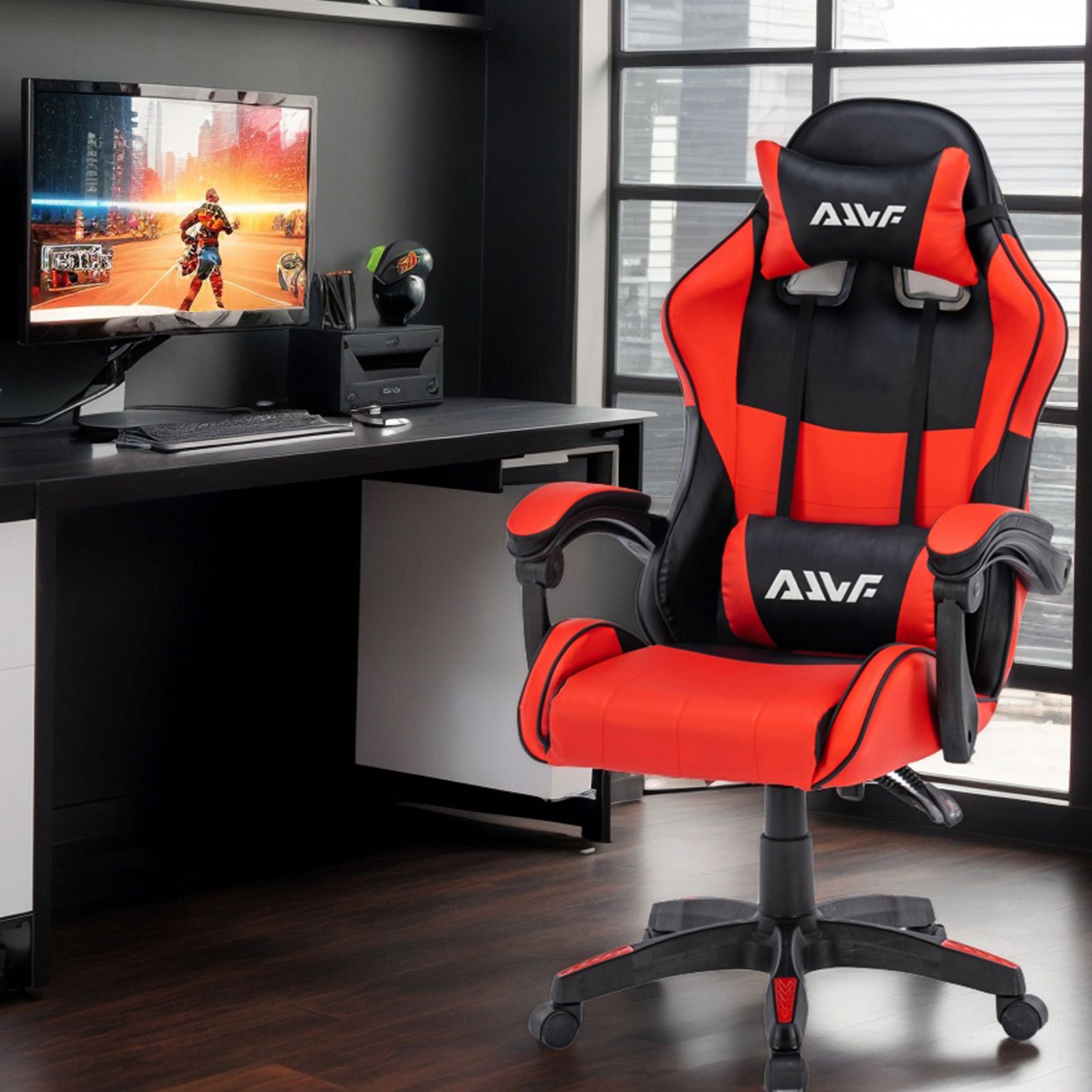 Image of Gaming Chair Ergonomic Red Gaming Chair Computer Swivel Chair With Headrest And Lumbar Support, Tilt And Lock Function, Height Adjustable, Swivel, High Back, Racing Chair