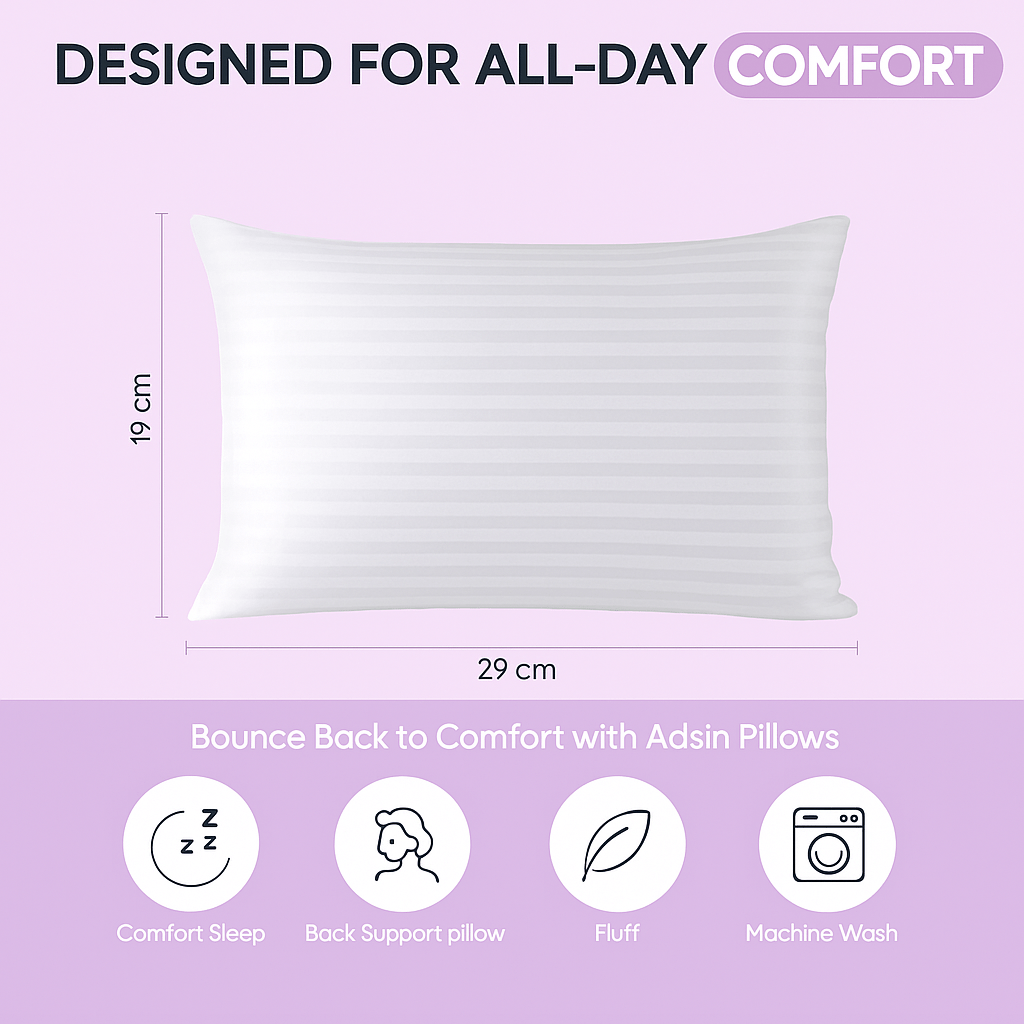 Hotel Quality Stripe Pillows Pack of 2 or 4 – Soft Support Bounce Back Hollowfibre Pillows UK | Hypoallergenic & Breathable Bed Pillows for Side Sleepers