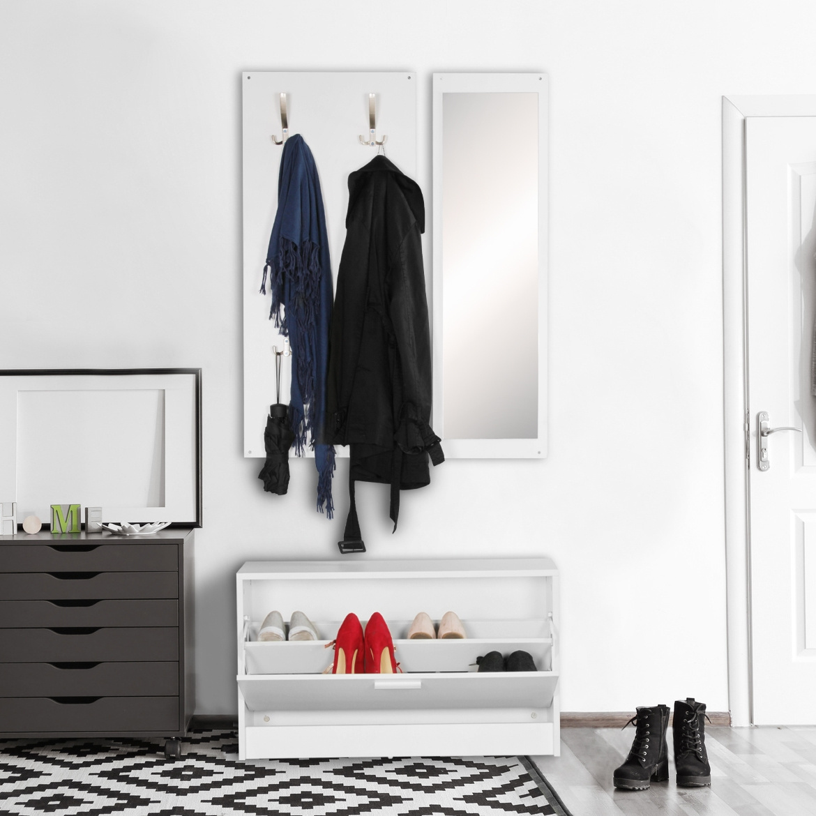 Wall Wardrobe Salerno With Wardrobe Panel Mirror & Shoe Rack 80 Cm Wide 27 Cm Narrow, Small Hallway Wardrobe Modern Shoe Cabinet Hallway Wood, Space- Wardrobe.