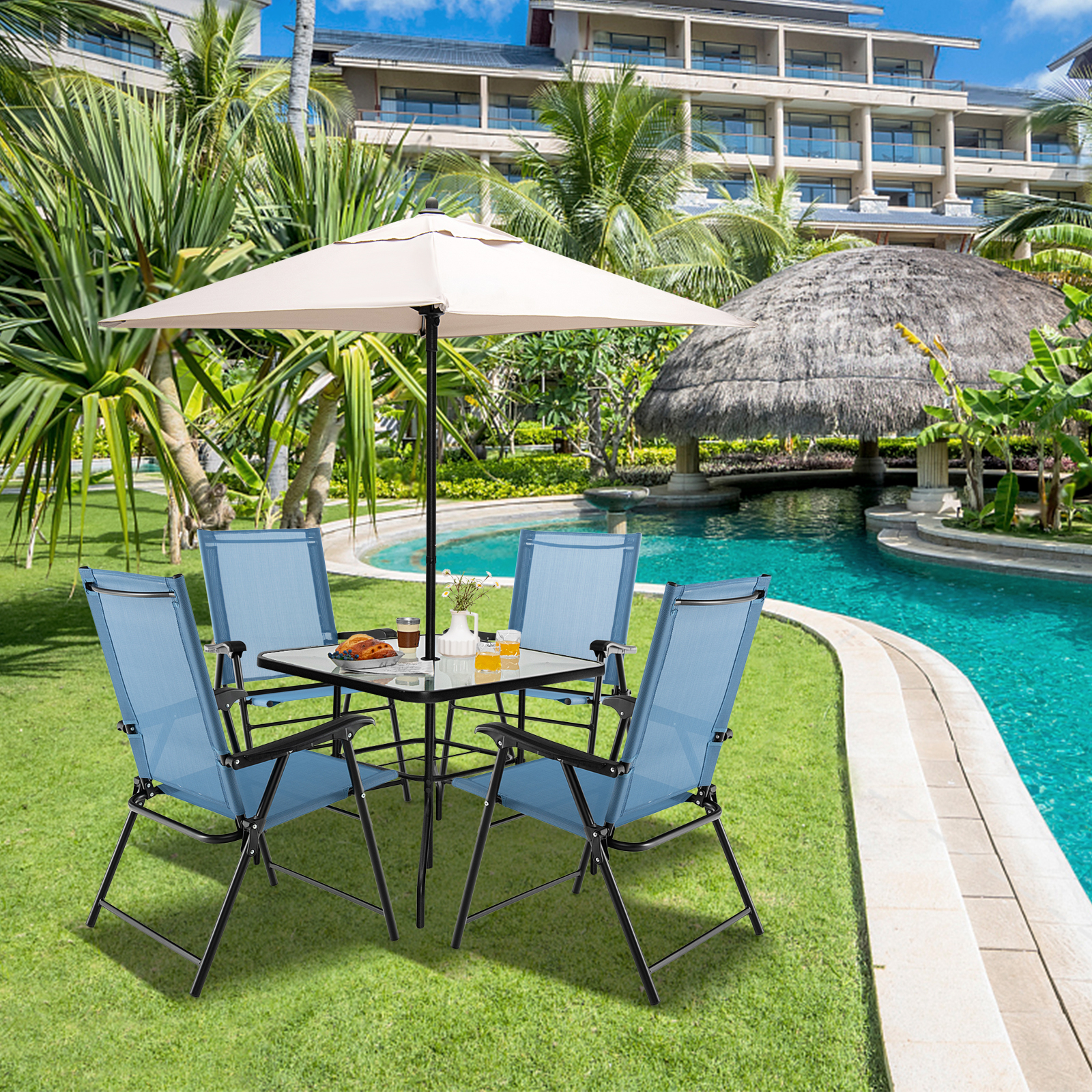 Image of Portable Set Of 4 Metal Frame Patio Chairs With Comfortable Sling For Outdoor Relaxation
