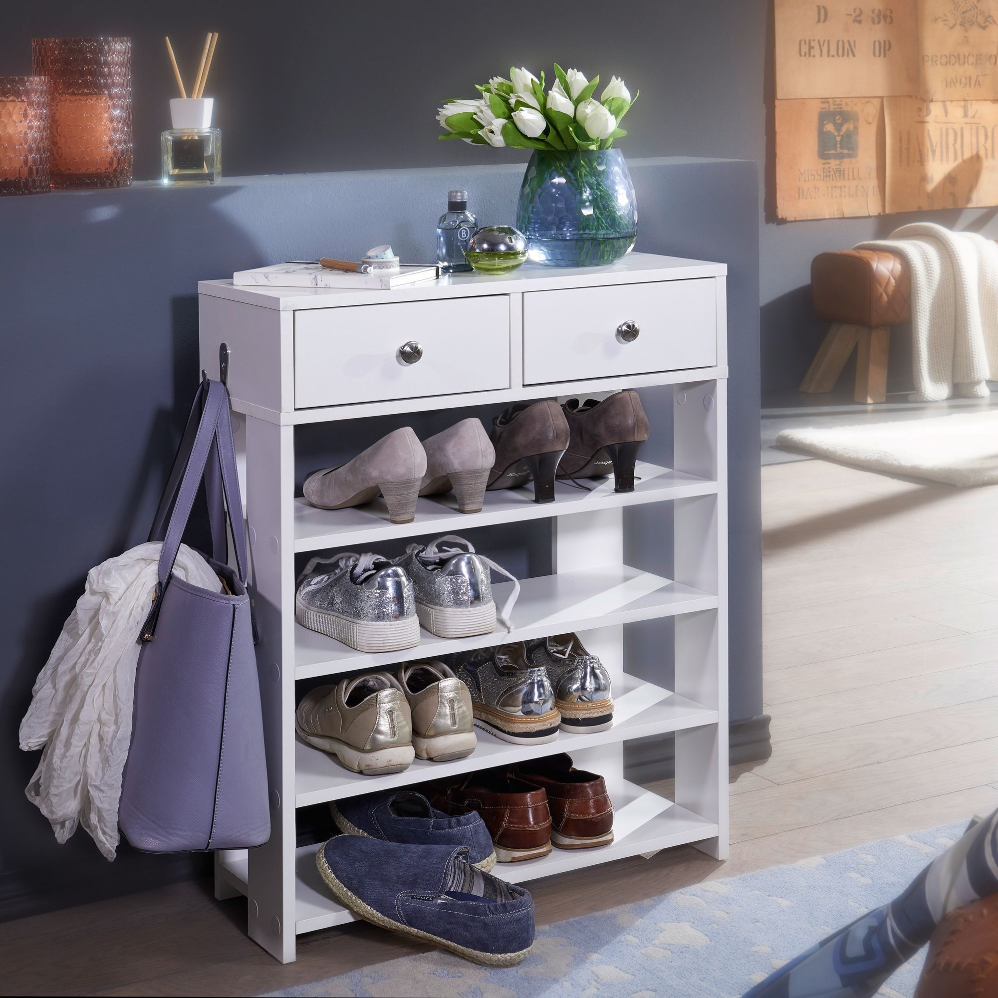 Image of Design Shoe Rack 60 X 79 X 24 Cm Hallway Rack White, Shelf With 2 Drawers, High Floor-standing Rack With 4 Compartments