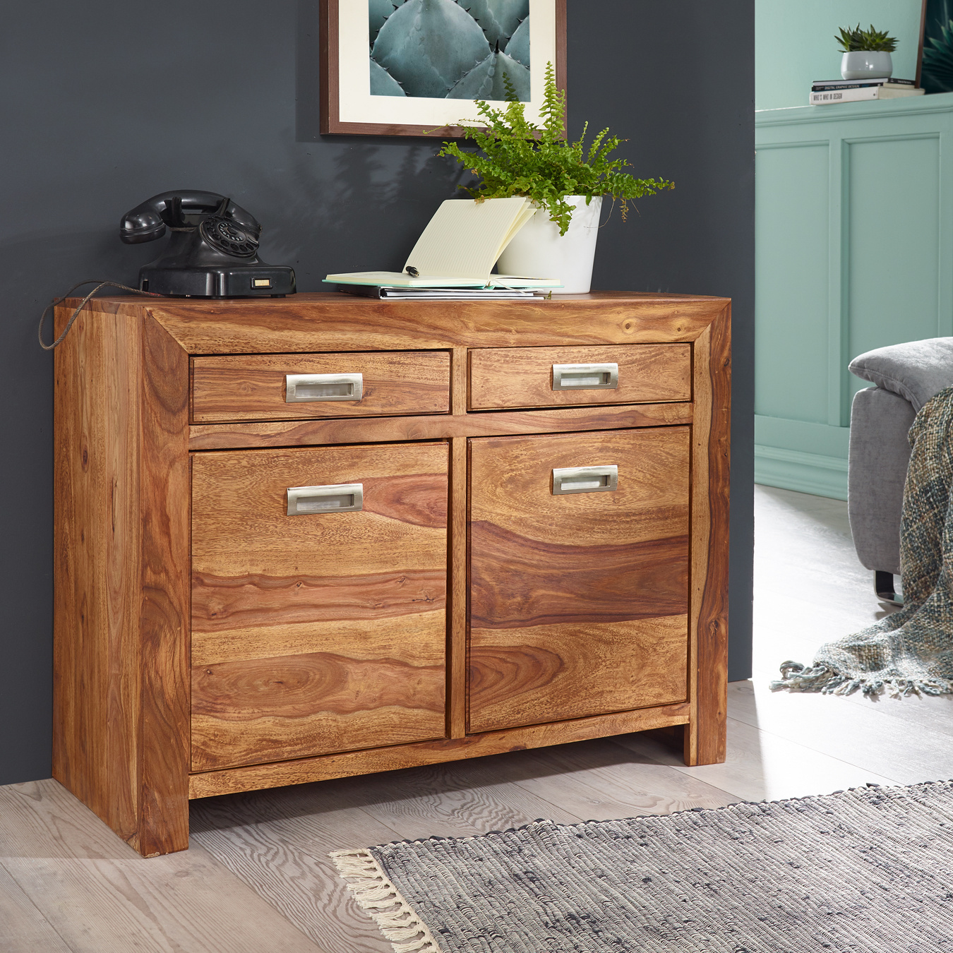Solid Wood Sideboard 90cm Cabinet With 2 Doors & 2 Drawers