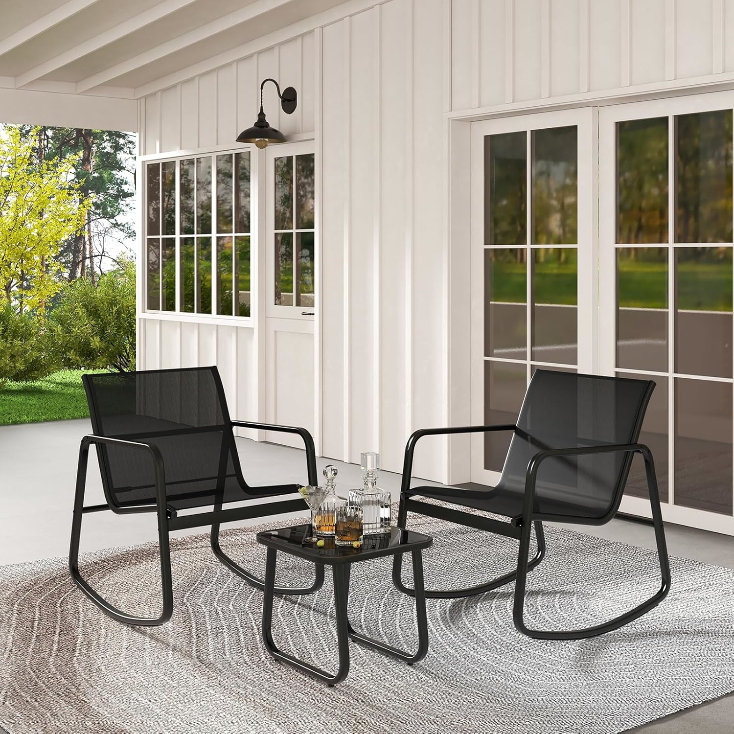 3pcs Swing Set For Patio, 2 Chairs And Glass Table, With Breathable Mesh Fabric