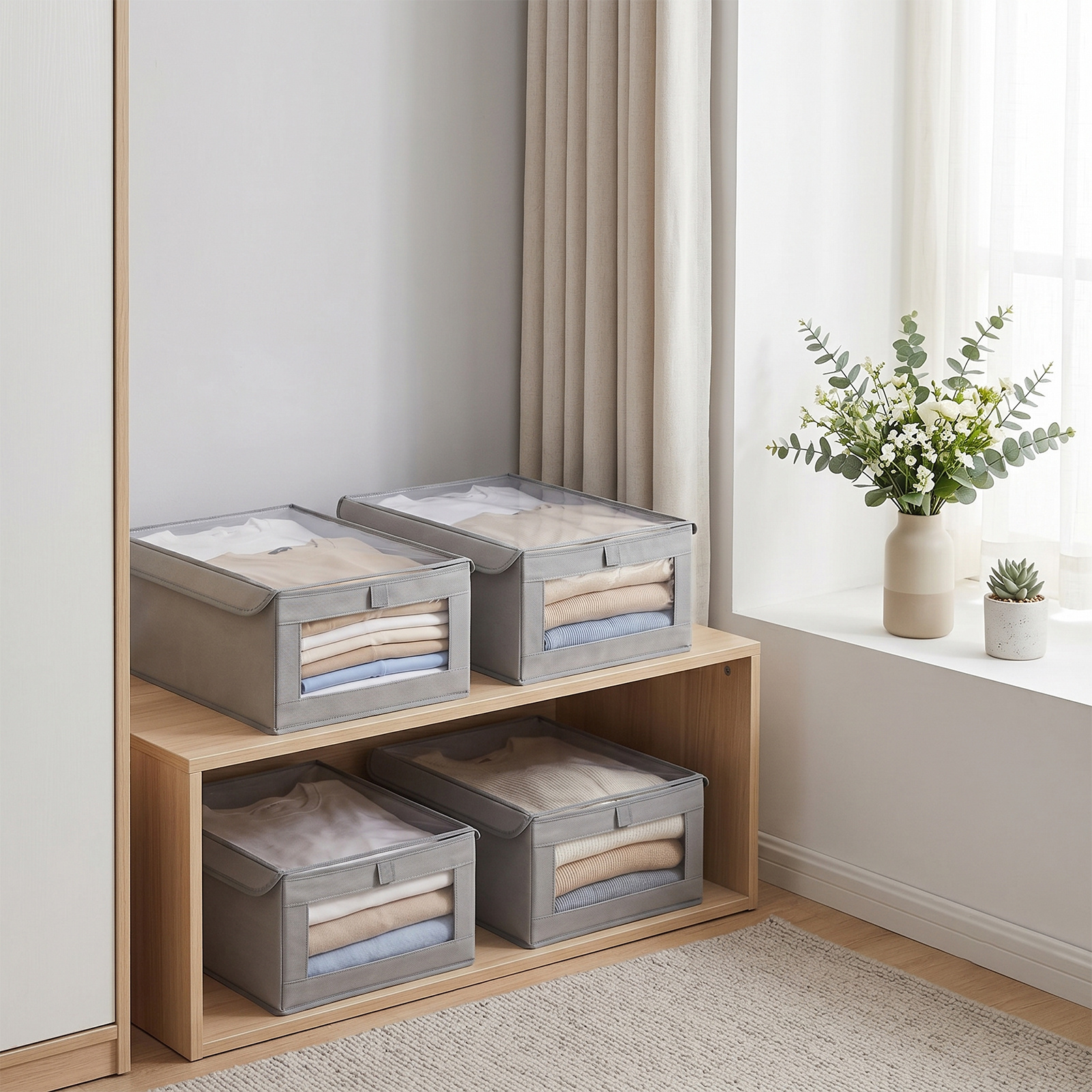 Set of 4 Large Foldable Stackable Grey Garment Storage Boxes