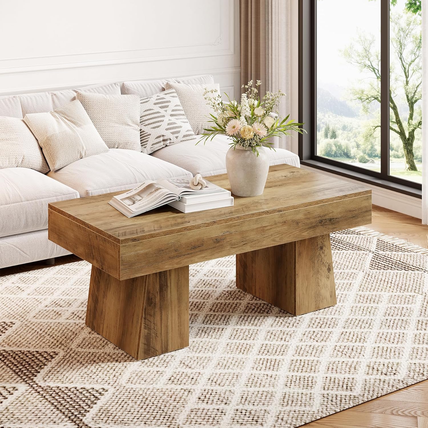 Image of 120cm Farmhouse Coffee Table, Rectangular Wood Accent Table With Thick Base, Modern Low Cocktail And Tea Furniture For Living Room In Rustic Brown.
