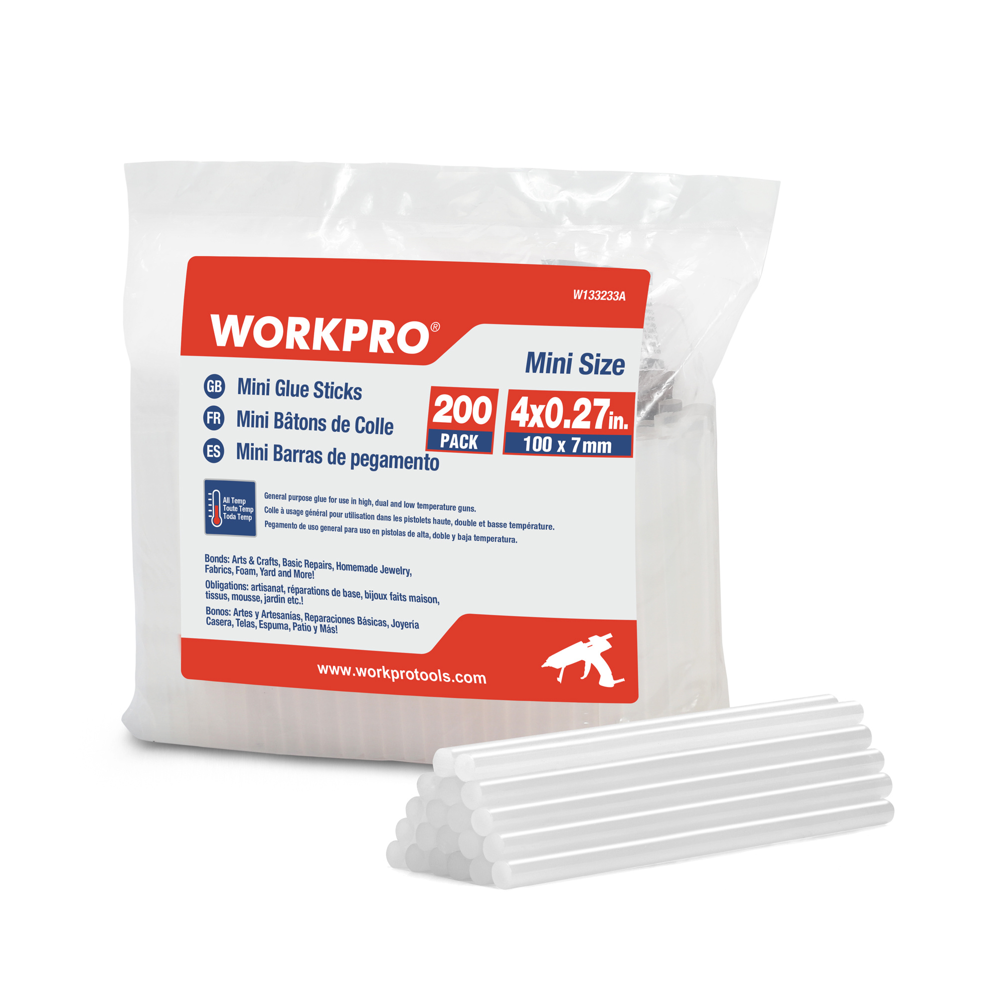 Image of Pack Of 200 Workpro Hot Glue Sticks, 7 X 100 Mm, Transparent, Suitable For Hot Glue Guns, Perfect For Diy Enthusiasts, Crafting, And Professionals